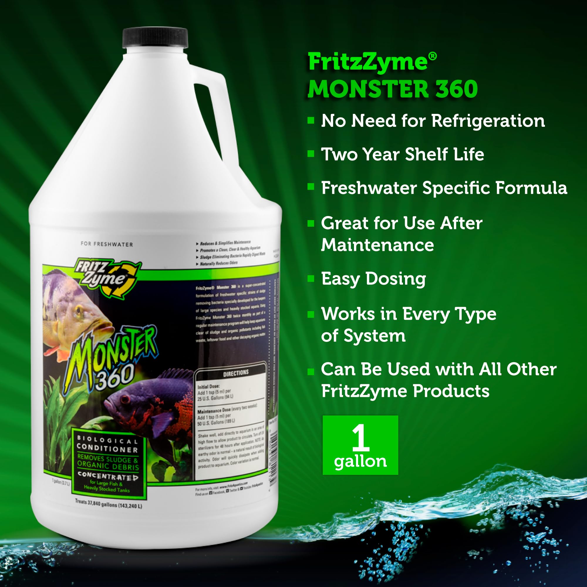 FritzZyme Monster 360 Concentrated Biological Aquarium Conditioner for Freshwater Fish Tanks - 1 Gallon - Promotes Healthy Bacteria & Water Clarity - Ideal for New Tank Setup & Maintenance