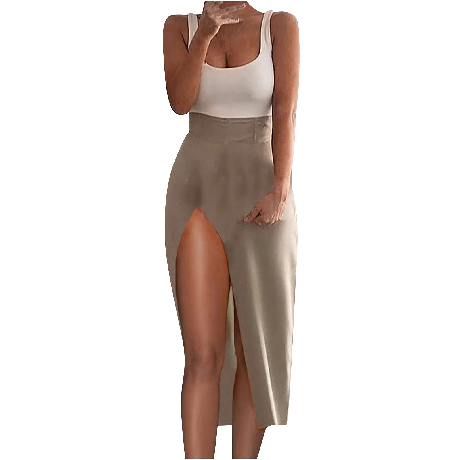 Sexy Scoop Neck Sleeveless Bodycon Dress for Women - High Waist Front Slit Tank Dress, Wedding Guest Dress, Casual Strap Dress in Khaki (Size S) | Perfect for Cocktail Parties, Date Nights & Summer Vacations