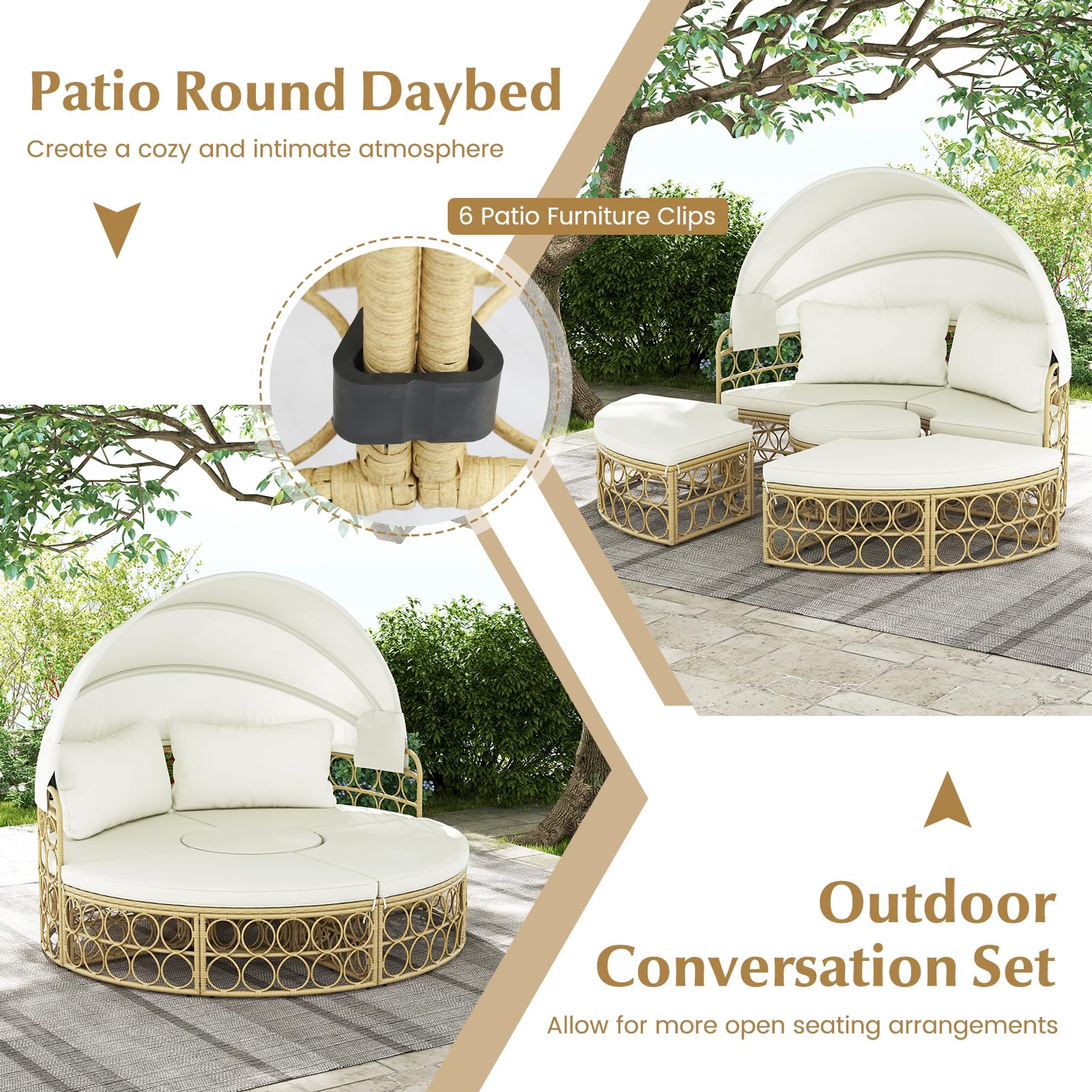 **Tangkula Outdoor Patio Round Daybed with Retractable Canopy - PE Rattan Wicker Sectional Seating Furniture with Soft Cushions - Perfect for Patio, Garden, Backyard, Poolside & Sunbathing (Off White)**