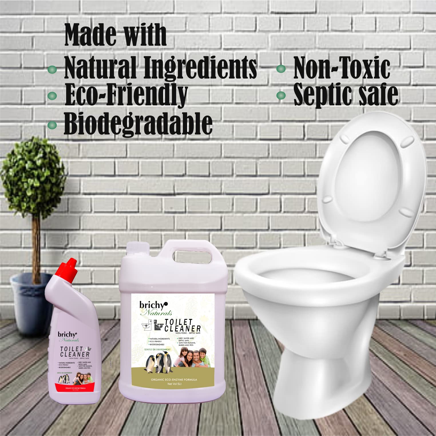 Brichy Natural Toilet Cleaner Liquid - Septic Safe, Biodegradable, Non-Toxic & Eco-Friendly | Organic Enzyme Bathroom Cleaner (5L) | Perfect for Homes, Hotels & Eco-Conscious Cleaning
