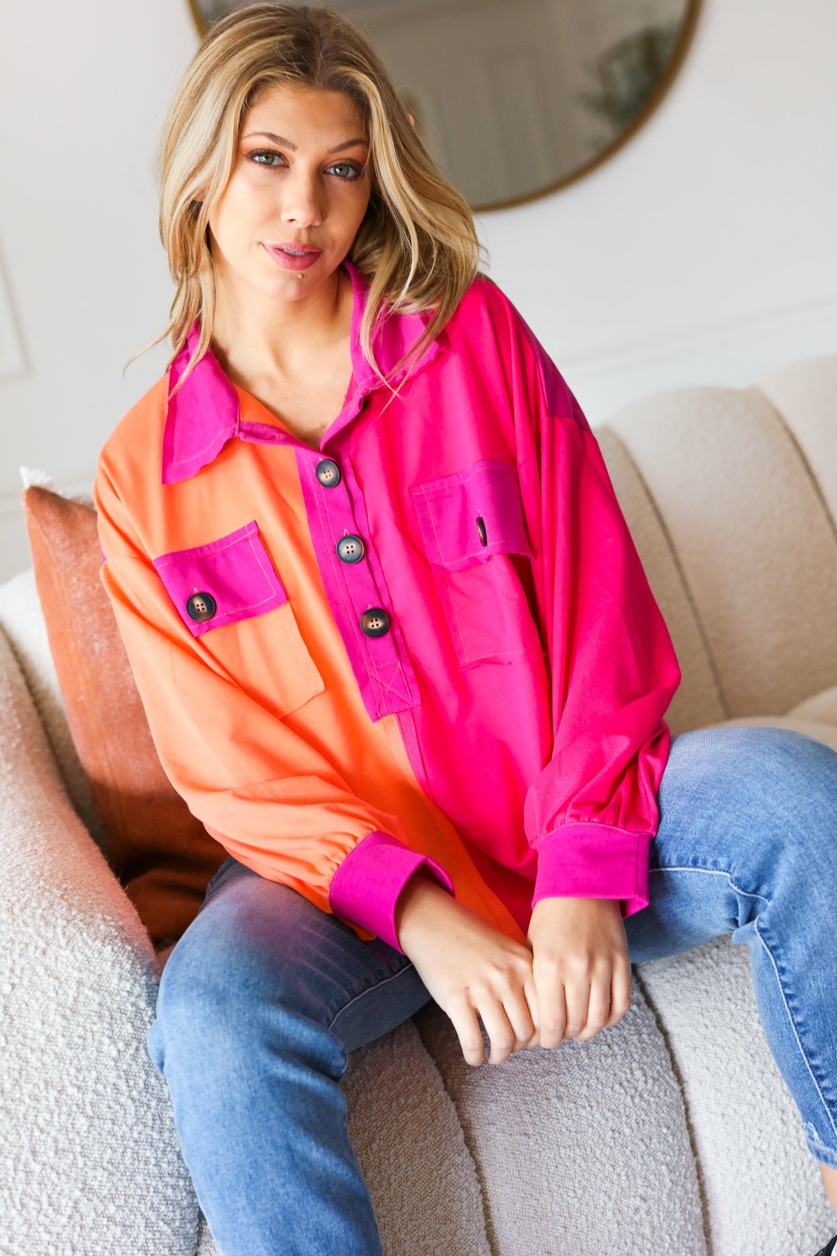 Stylish Orange & Fuchsia Color Block Button Down Shirt for Women | Trendy Casual & Office Wear | Perfect for Work, Dates & Everyday Outfits