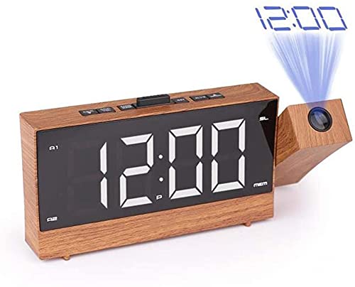 Wooden LED Projection Alarm Clock with FM Radio & Snooze - Digital Clock with Time Projection for Bedroom, Office, and Travel Use