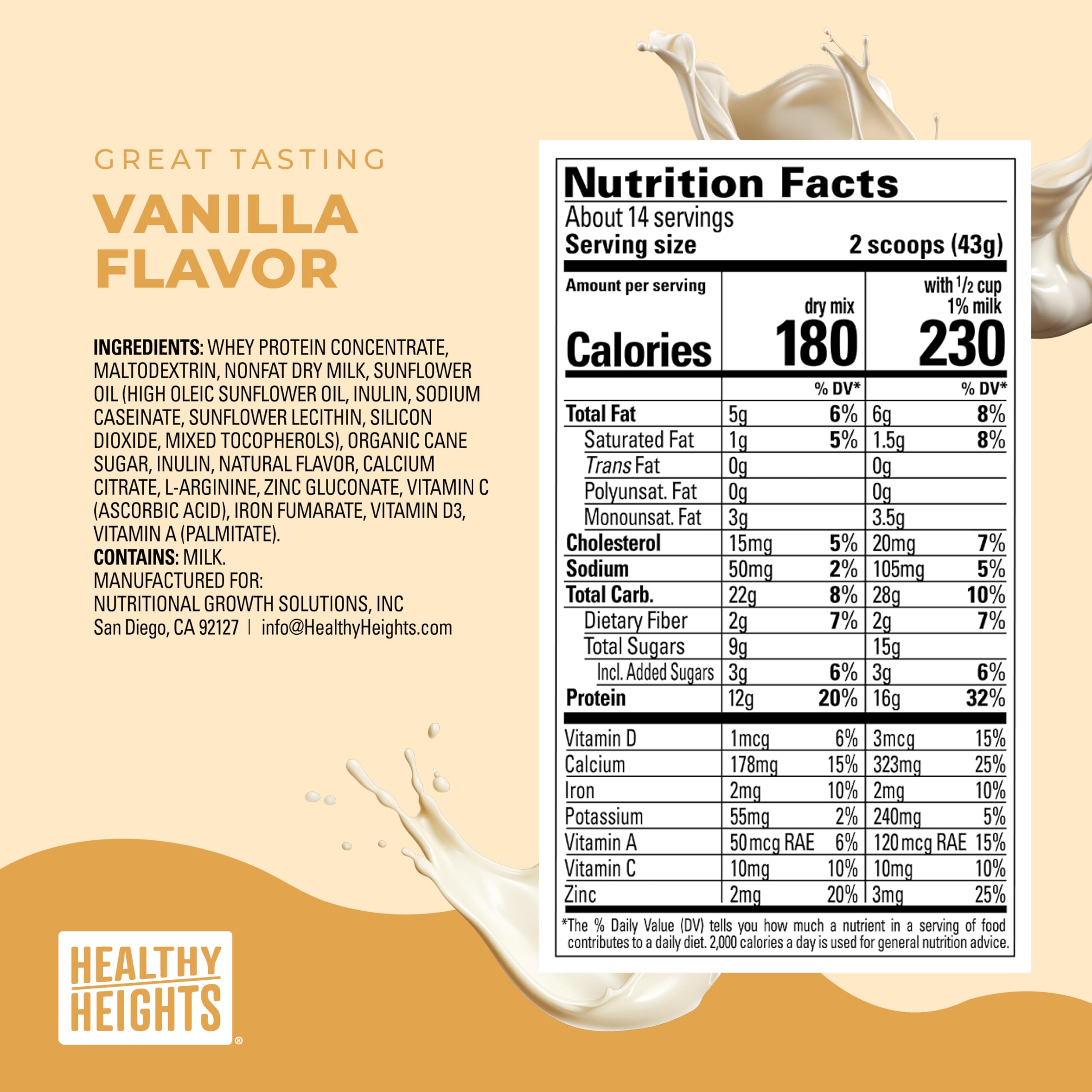 Healthy Heights Grow Daily Kids Protein Drink Mix (Vanilla) - High Protein Shake Powder for Children Ages 3+ | Supports Growth & Development | Perfect for Breakfast, Snacks & Active Lifestyles