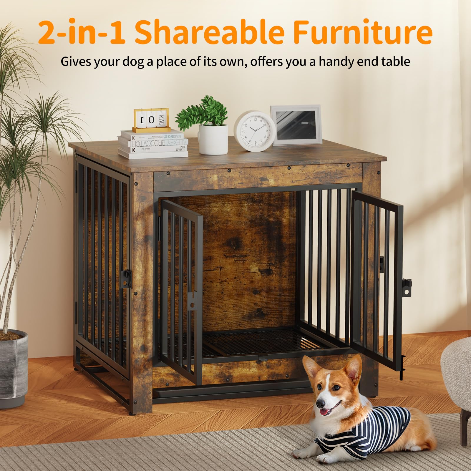 Modern Wooden Dog Crate Furniture - Rustic Brown End Table Kennel for Small & Medium Dogs | Indoor Pet Cage with Removable Tray & Double Doors | Perfect for Living Room, Bedroom, or Home Office Decor