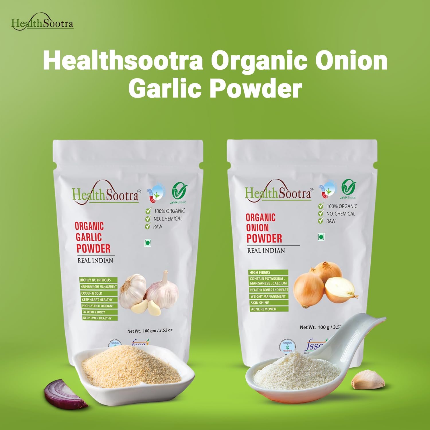 Healthsootra Organic Garlic Powder & Onion Powder Combo - 200g Each | All-Natural, Additive-Free Spices | No Preservatives | Perfect for Cooking, Seasoning, and Meal Prep | Healthy Instant Flavor Boost for Soups, Salads, and Marinades