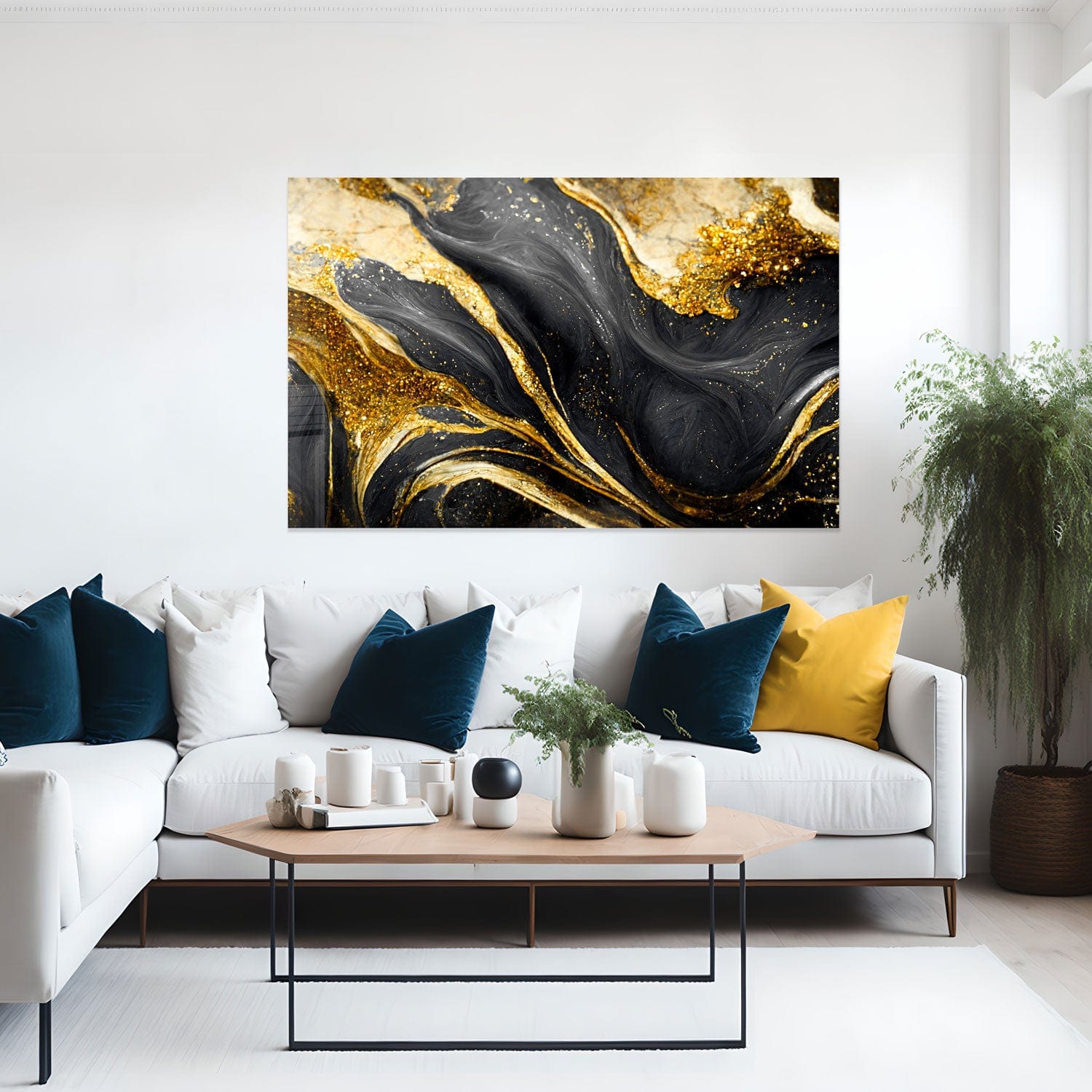 Golden Black Flower Tempered Glass Wall Art - Elegant Home Decor for Living Room, Bedroom & Office | Shatterproof & Stylish