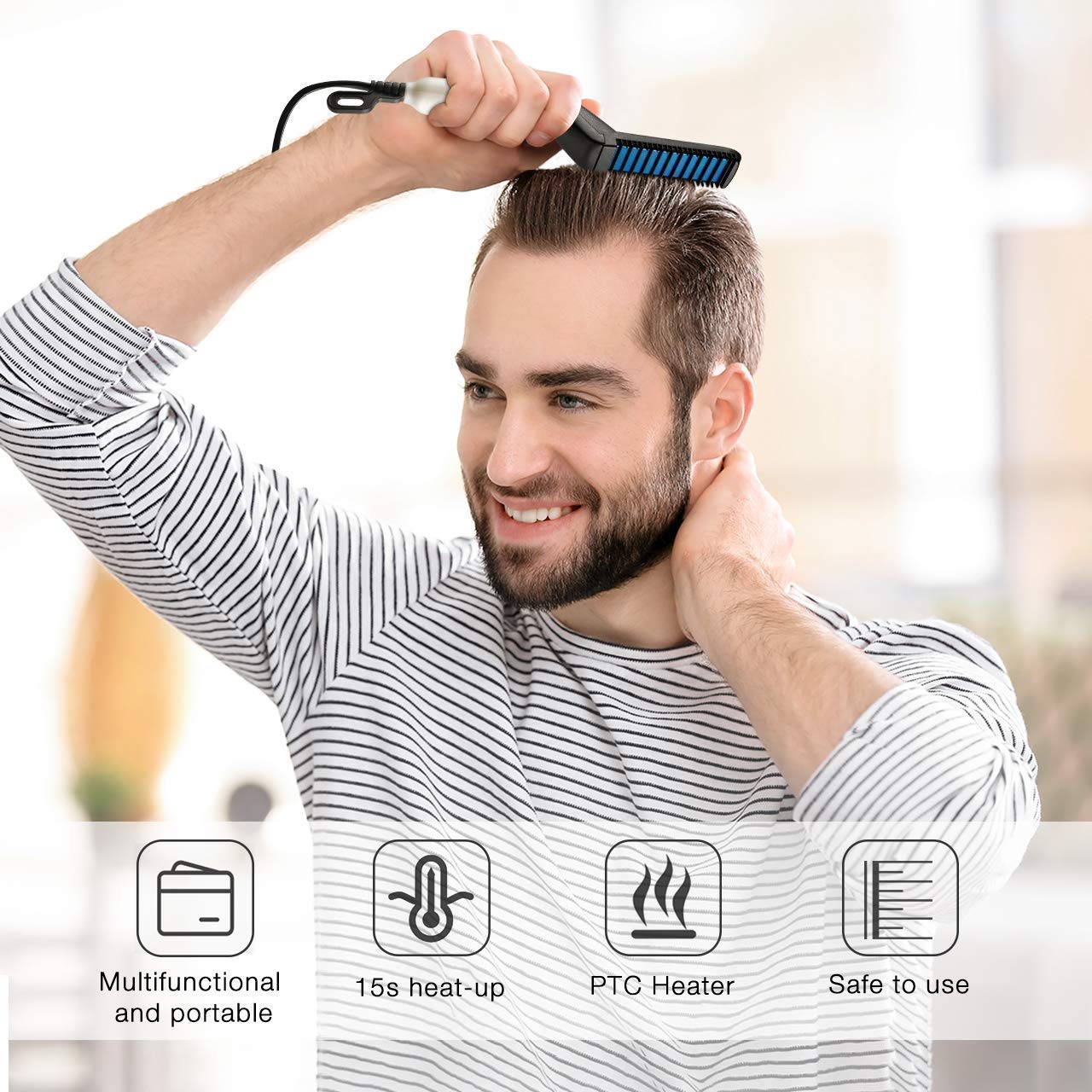 Orrda Electric Hair Straightener Brush for Men & Women - Quick Beard Styler & Hair Straightening Comb with Curling Function - Perfect for Curly Hair & Beard Grooming (White/Black) - Ideal for Home Use, Travel & Salon Styling