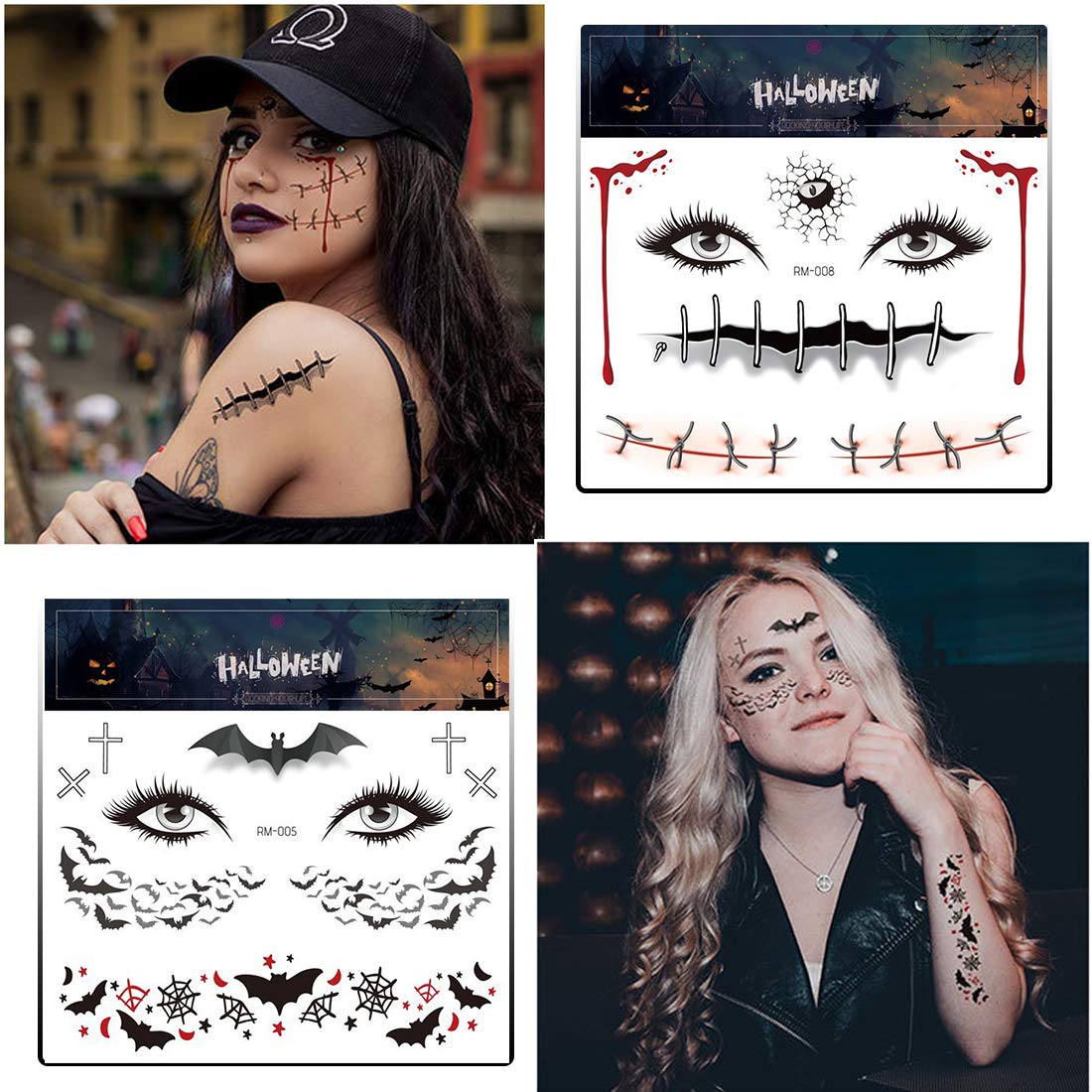 Spider Bat Horror Fake Temporary Tattoos for Halloween - Scary Face Tattoo Stickers for Women, Men & Kids | Halloween Party Supplies & Costume Accessories | Perfect for Costume Parties, Trick or Treat & Halloween Events