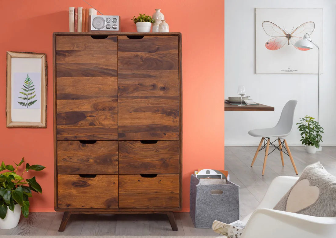Gfine Solid Sheesham Wood Sideboard - 2 Doors & 4 Drawers, 89x45x145cm - Perfect for Living Room Storage & Dining Room Organization