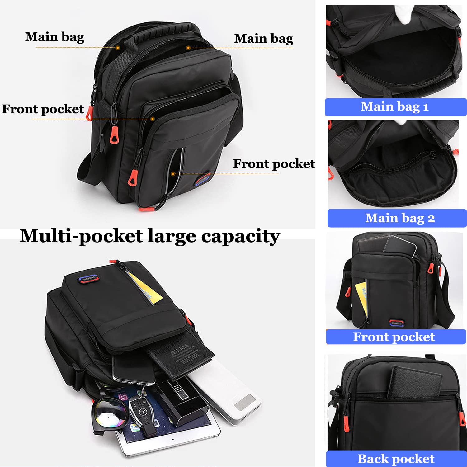 Men's Canvas Shoulder Bag - Small Crossbody Messenger Bag with Multiple Pockets for Phone, Wallet & Essentials | Durable Casual Handbag for School, Work, Travel & Hiking | Perfect Everyday Carry Bag (Black)