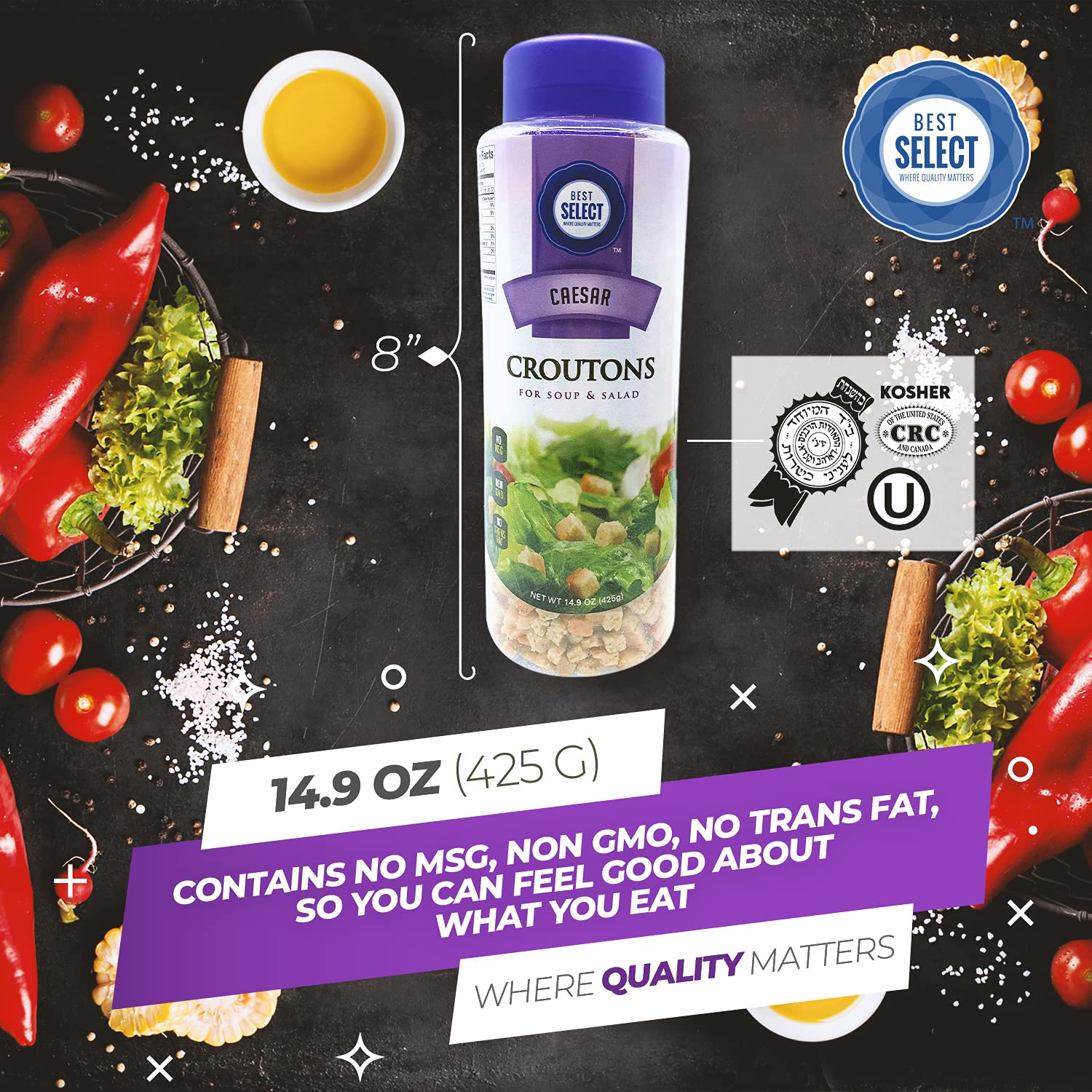 Premium Caesar Croutons for Salads - Crunchy & Savory 15oz | Kosher Non-Dairy Salad Toppers in Resealable Bag | Perfect for Soups, Stuffing, Snacks & More | Ideal for Caesar Salad, Soup Garnish & Party Appetizers