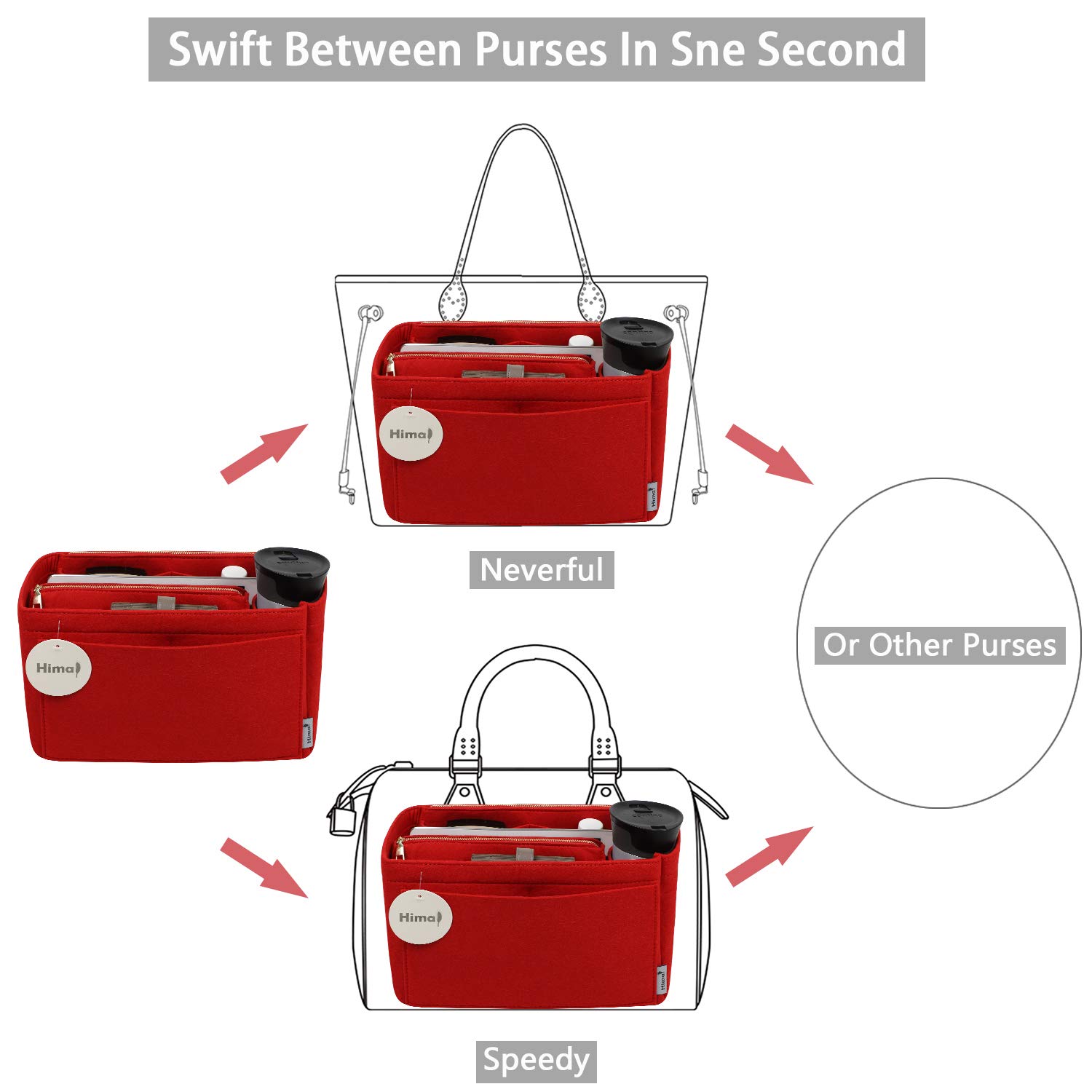 Purse Organizer Insert for Handbags - Bag in Bag Organizer Compatible with Speedy Neverfull & More - 5 Sizes (Large, Red) - Perfect for Travel, Work & Daily Organization