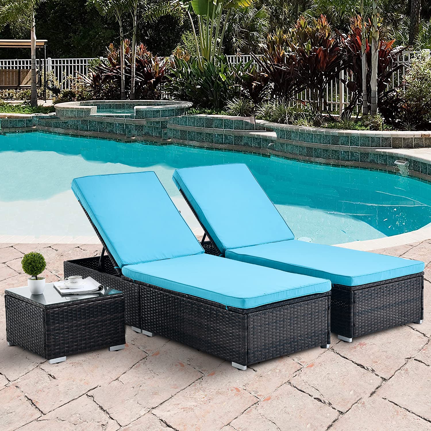 Premium Outdoor PE Wicker Chaise Lounge Set - 3-Piece Adjustable Reclining Poolside Furniture with Rattan Coffee Table & 2 Cushions - Perfect for Patio, Backyard, Beach & Pool Relaxation
