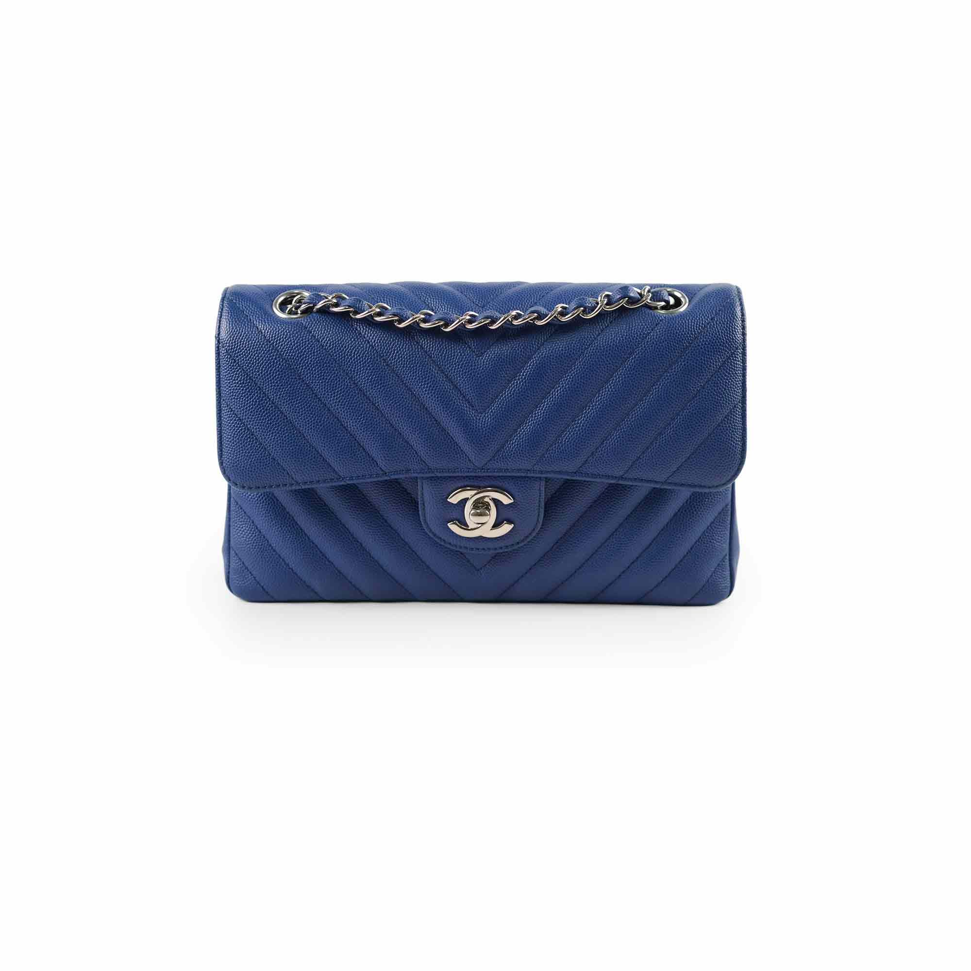 Chanel Caviar Leather Chevron Small Classic Flap Bag Blue 25cm - Luxury Designer Handbag for Women, Perfect for Evening Events & Special Occasions