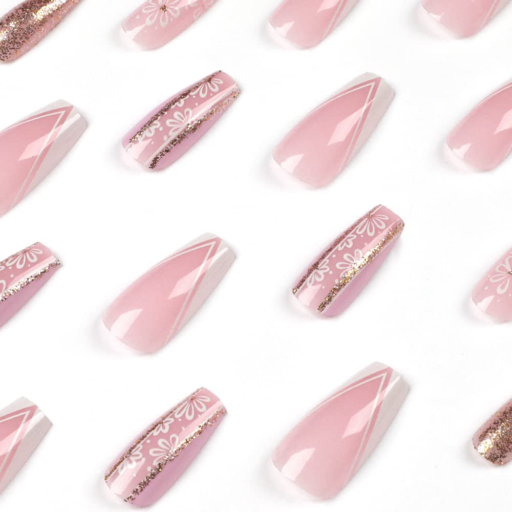 Floral French Tip Press on Nails - Long Square Glue on Fake Nails with Glitter Sequins Designs, 24PCS Full Cover Artificial Nails for Women & Girls, DIY Nail Art - Perfect for Parties, Weddings & Daily Wear