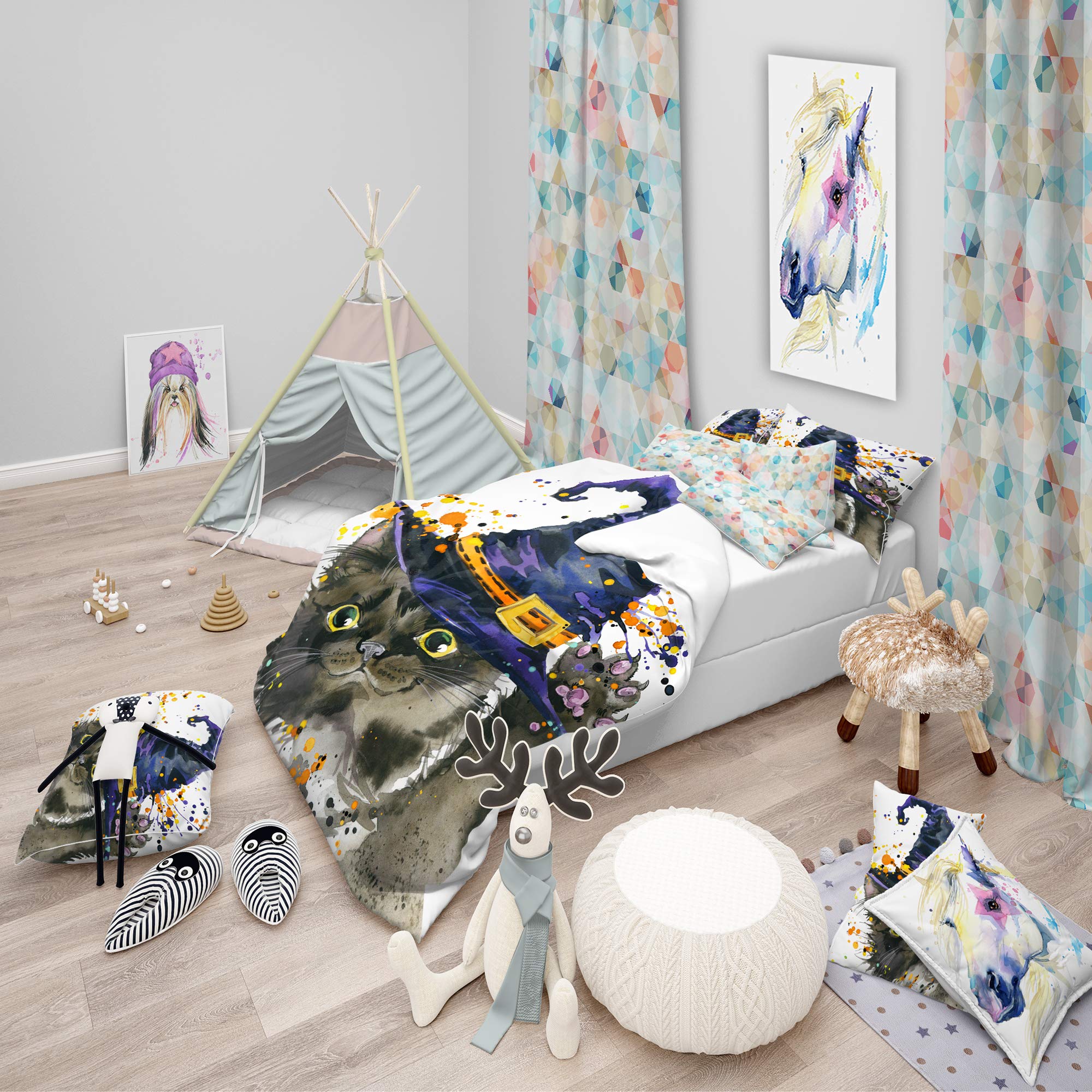 Halloween Cat & Witch Hat Duvet Cover Set - Full/Queen Blue for Spooky Bedroom Decor