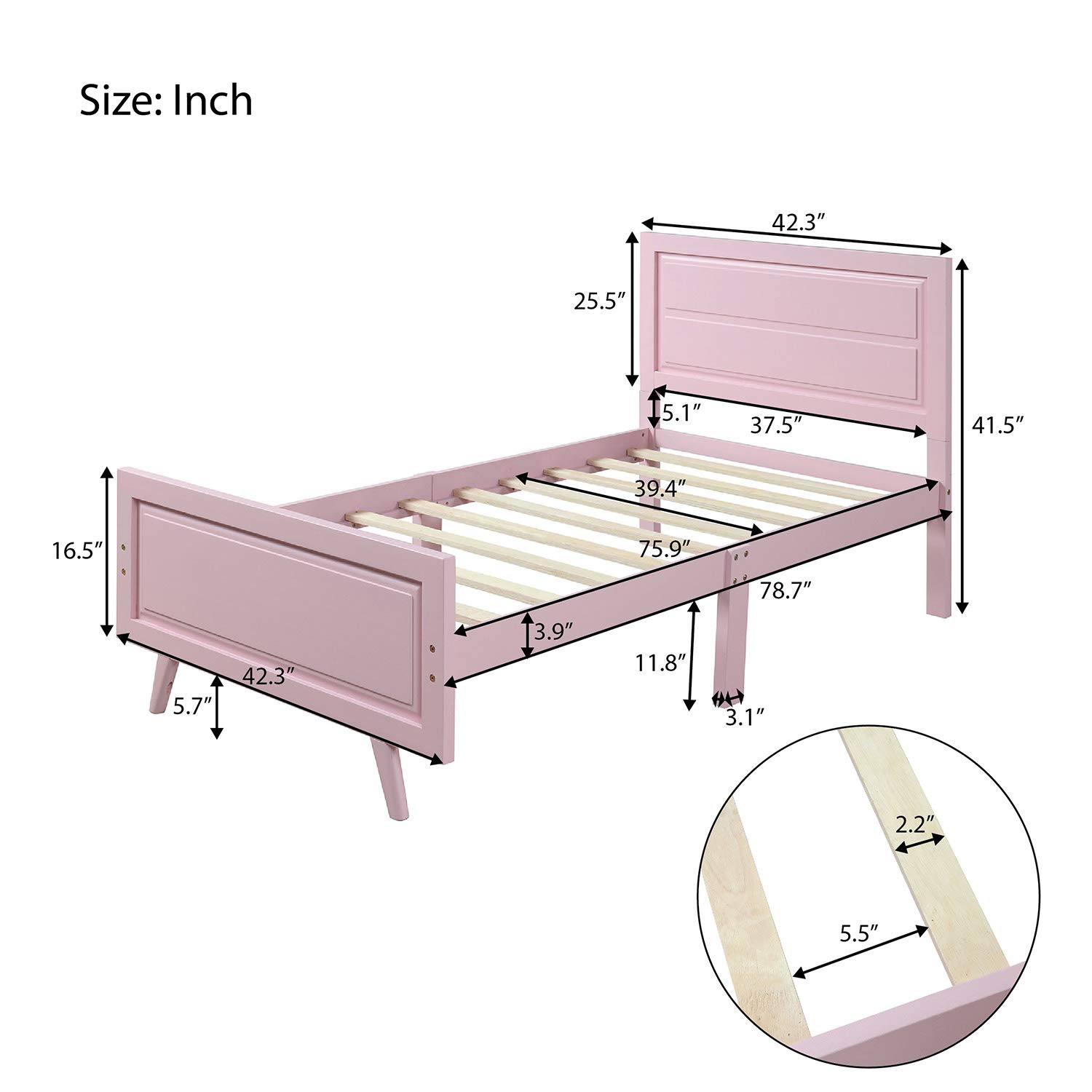 Pink Wood Platform Bed Frame with Headboard & Slat Support - Twin Size Mattress Foundation for Kids & Teens Bedroom, Dorm Room, or Guest Room