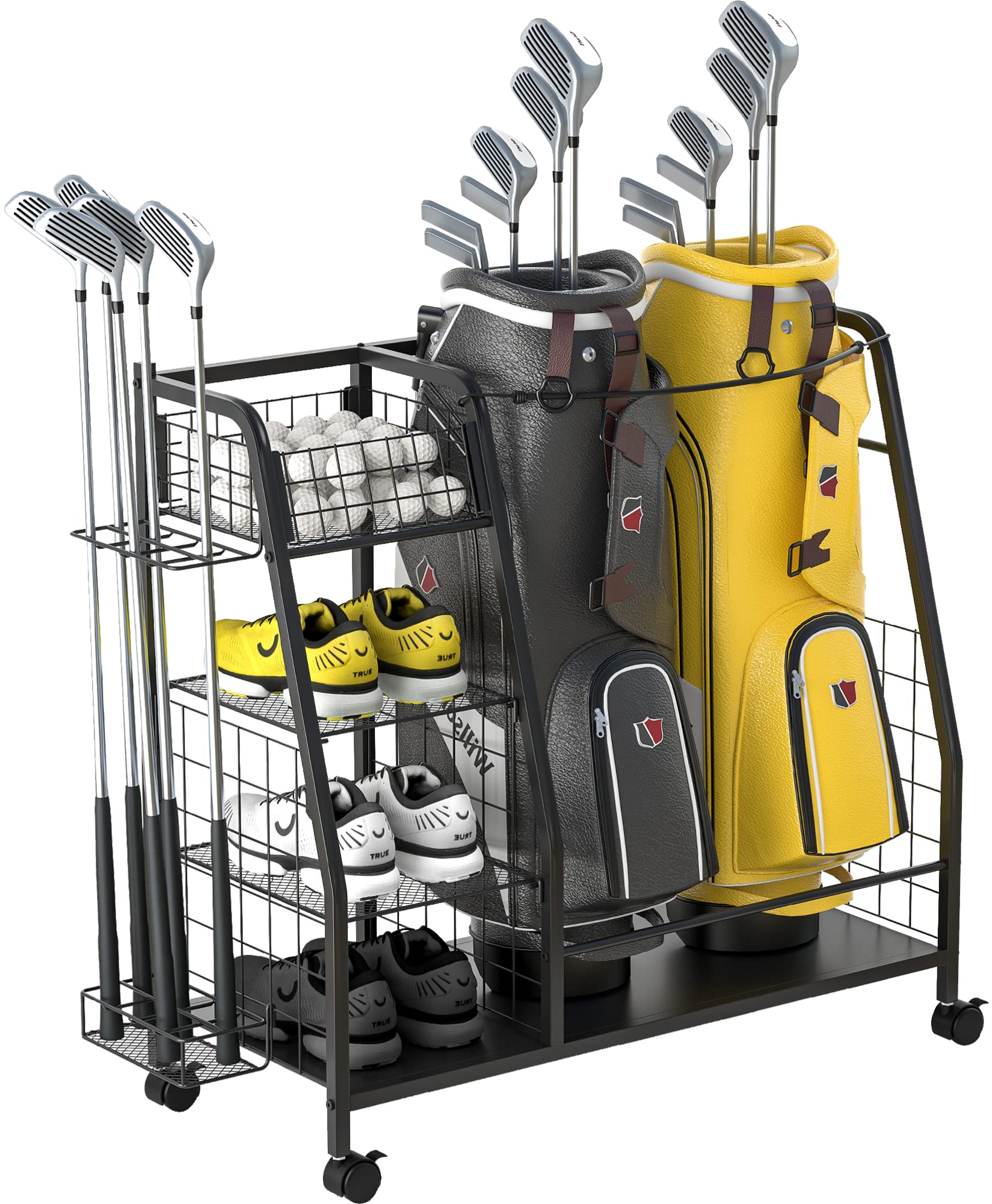 **3-Slot Golf Bag Storage Rack with Lockable Wheels - Heavy Duty Golf Equipment Organizer for Garage & Home - Golf Clubs & Accessories Holder - Perfect for Golf Enthusiasts & Club Storage**