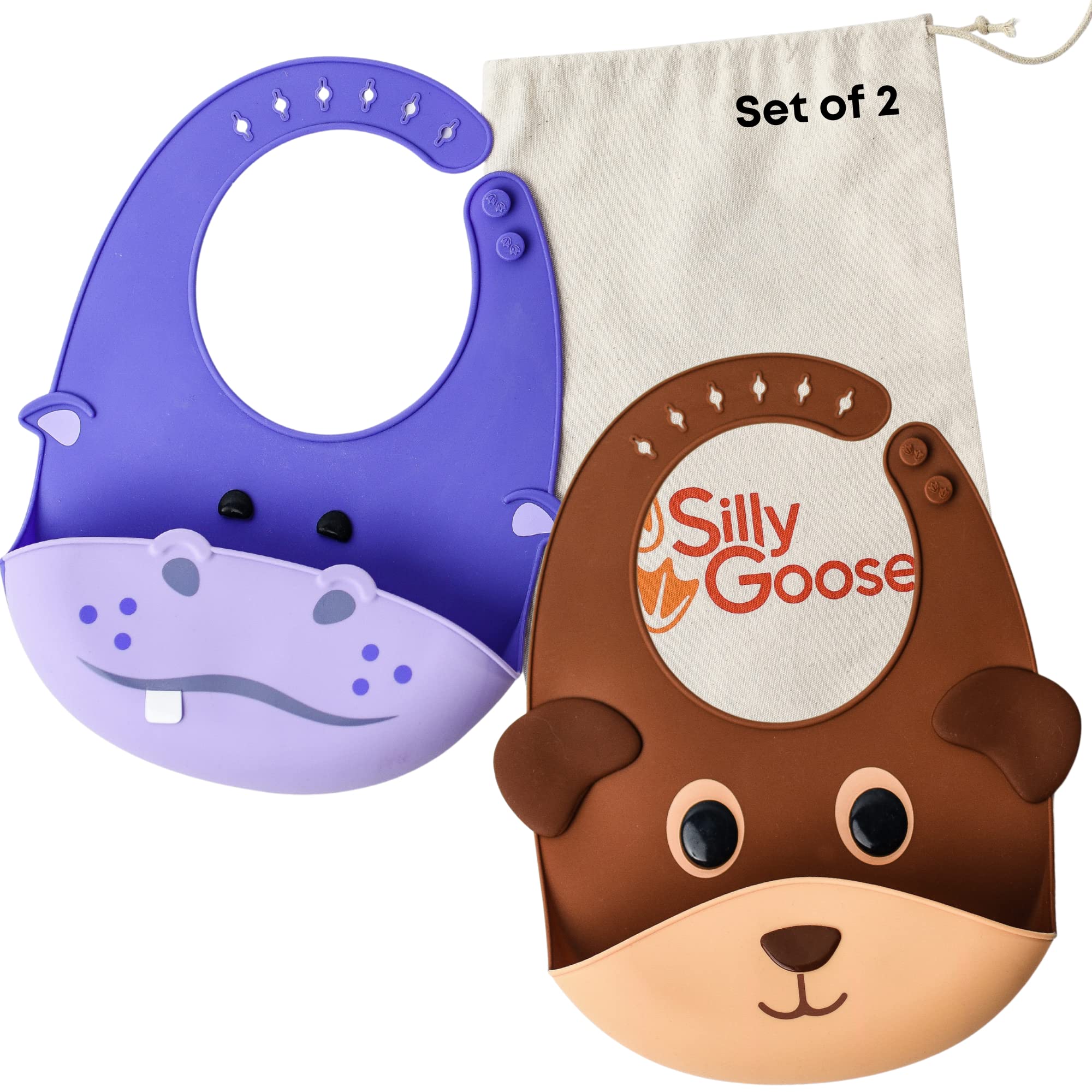 Silly Goose 2-Pack Waterproof Silicone Baby Bibs for Infants & Toddlers - Adjustable, Soft, Extra Wide Food Catcher Pocket (Hippo + Bear) - Perfect for Messy Mealtime, Feeding, and Dining Out