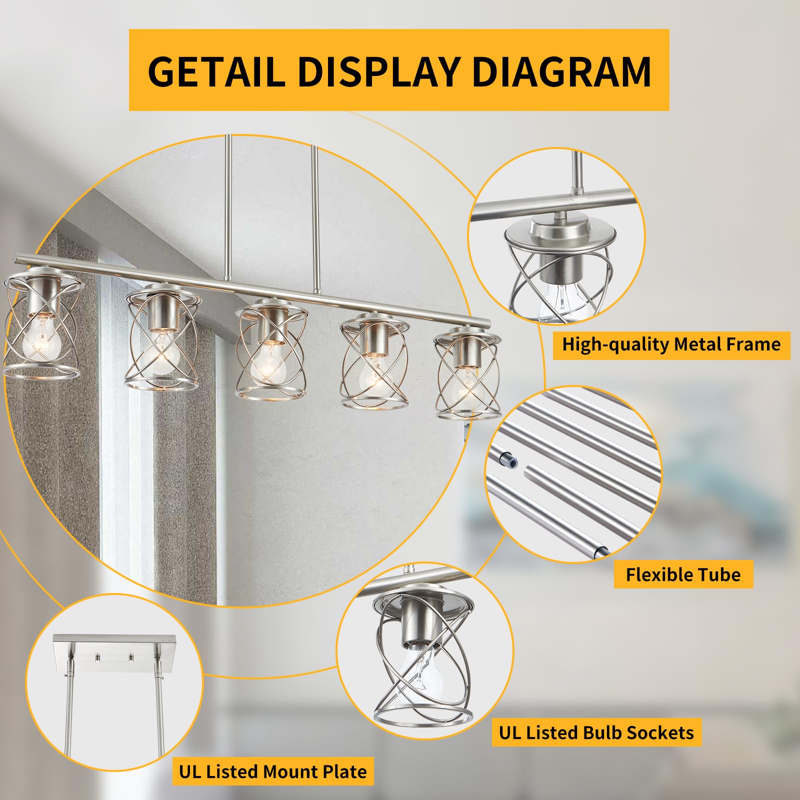 5-Light Farmhouse Linear Pendant Light - Adjustable Brushed Nickel Kitchen Island Lighting Fixture for Dining Room, Living Room & Breakfast Nook | Perfect for Modern Farmhouse Decor & Open Concept Spaces