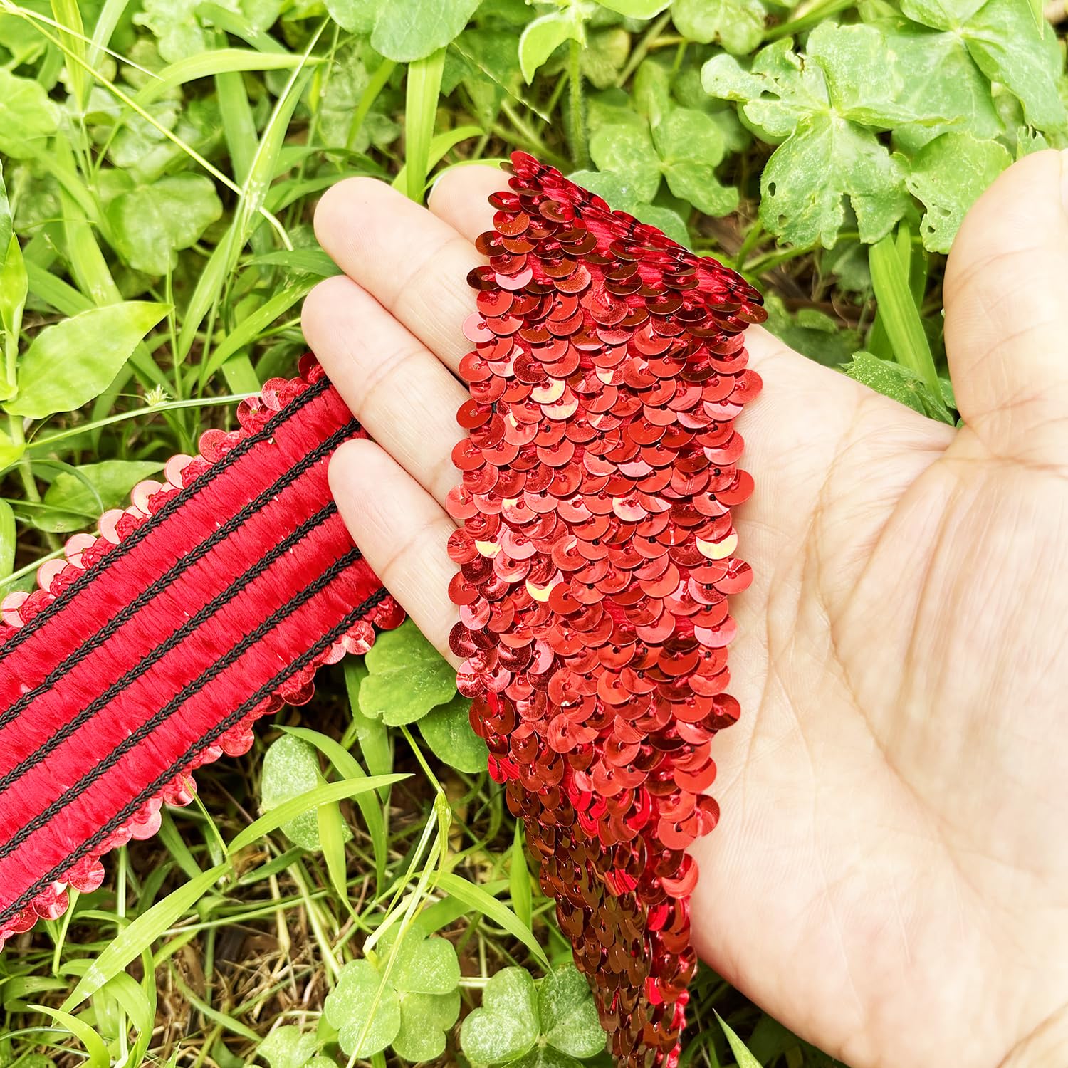 5 Yards Red Elastic Sequin Ribbon Trim - 1.9 Inch Wide for Sewing, Dressmaking, Dance Costumes & Headbands - Perfect for DIY Crafts, Party Decorations & Fashion Accessories
