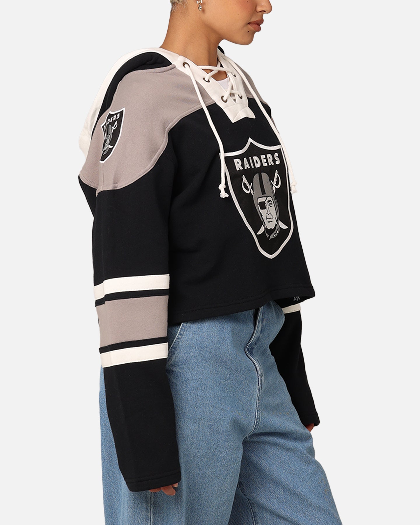 47 Brand Women's Las Vegas Raiders Cropped Lace-Up Hoodie - Jet Black NFL Fan Gear for Game Day & Casual Wear