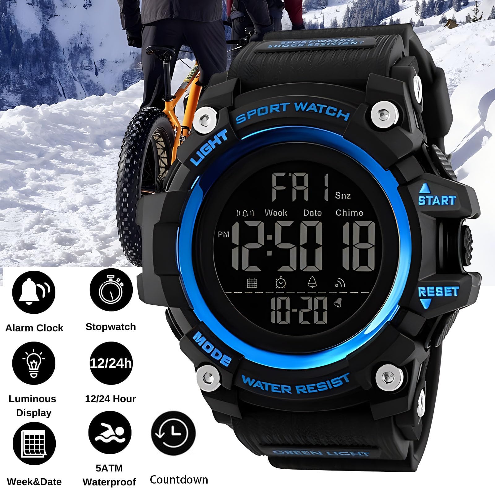 Gosasa Men's Sports Watch - Waterproof Digital LED Stopwatch with Countdown, 12/24 Hour Display, Multifunctional Wristwatch for Running, Swimming & Outdoor Activities