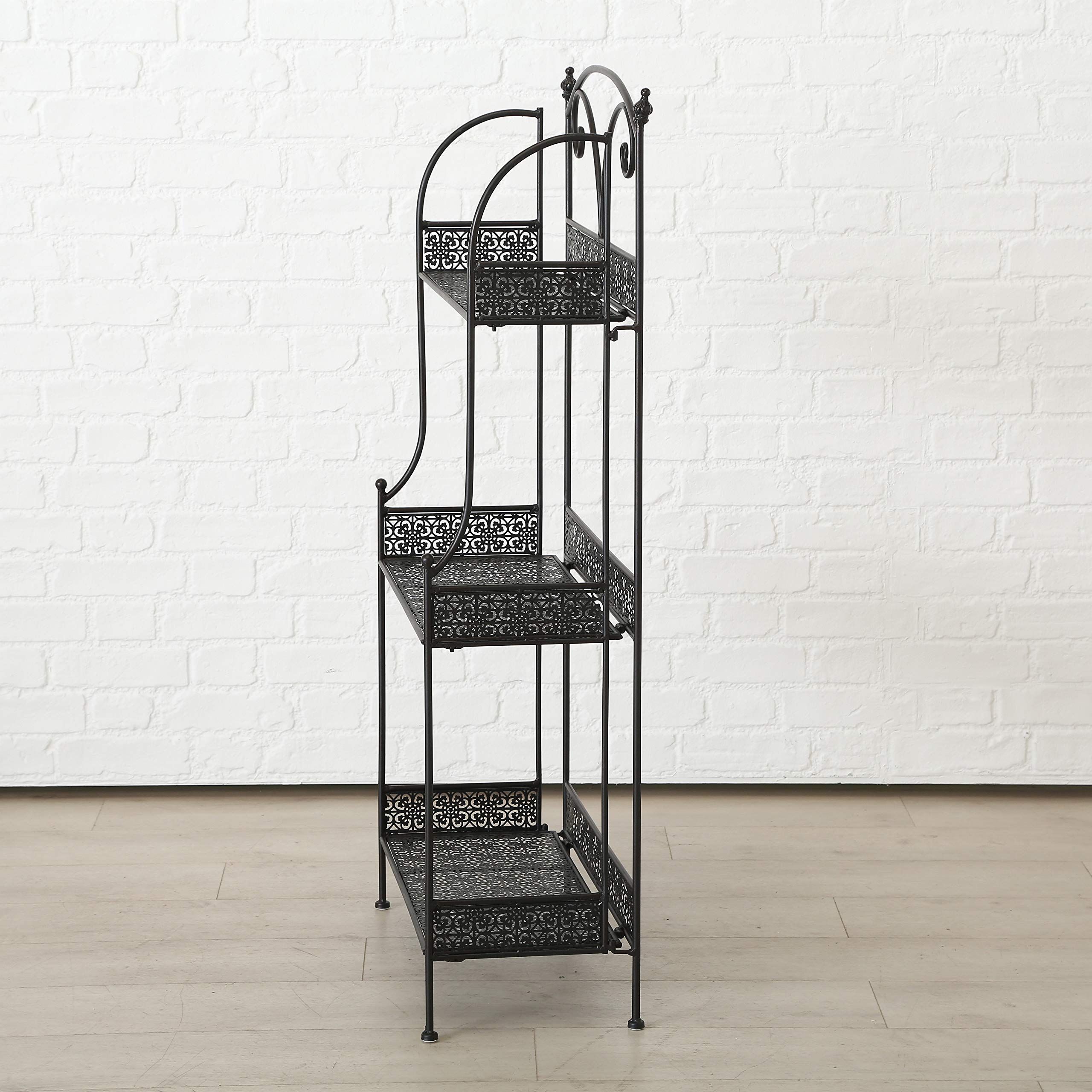 WHW 3-Tier Plant Stand - Black Powder Coated Iron Shelf with Floral Design for Indoor/Outdoor Plants - 23.5