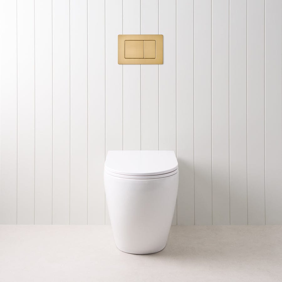 Elegant Curved In-Wall Toilet with Rectangle Brushed Brass Buttons - Modern Water-Saving Bathroom Solution for Home & Commercial Spaces