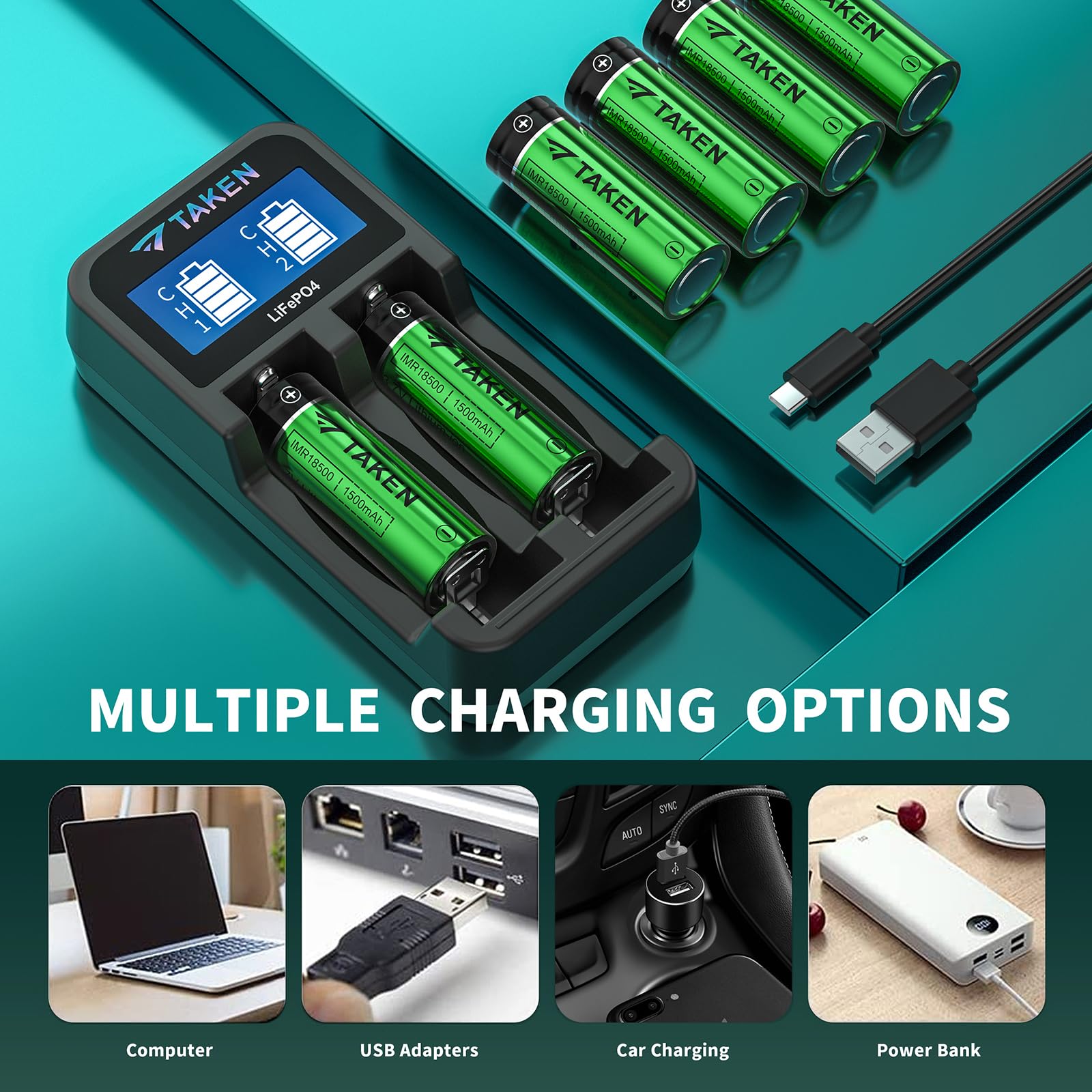 IMR 18500 3.7V 1500mAh Rechargeable Li-ion Battery with Button Top & 2-Port Charger - 4 Pack for Flashlights, Vape Mods & Electronic Devices - High Performance 18500 Batteries with Fast Charging