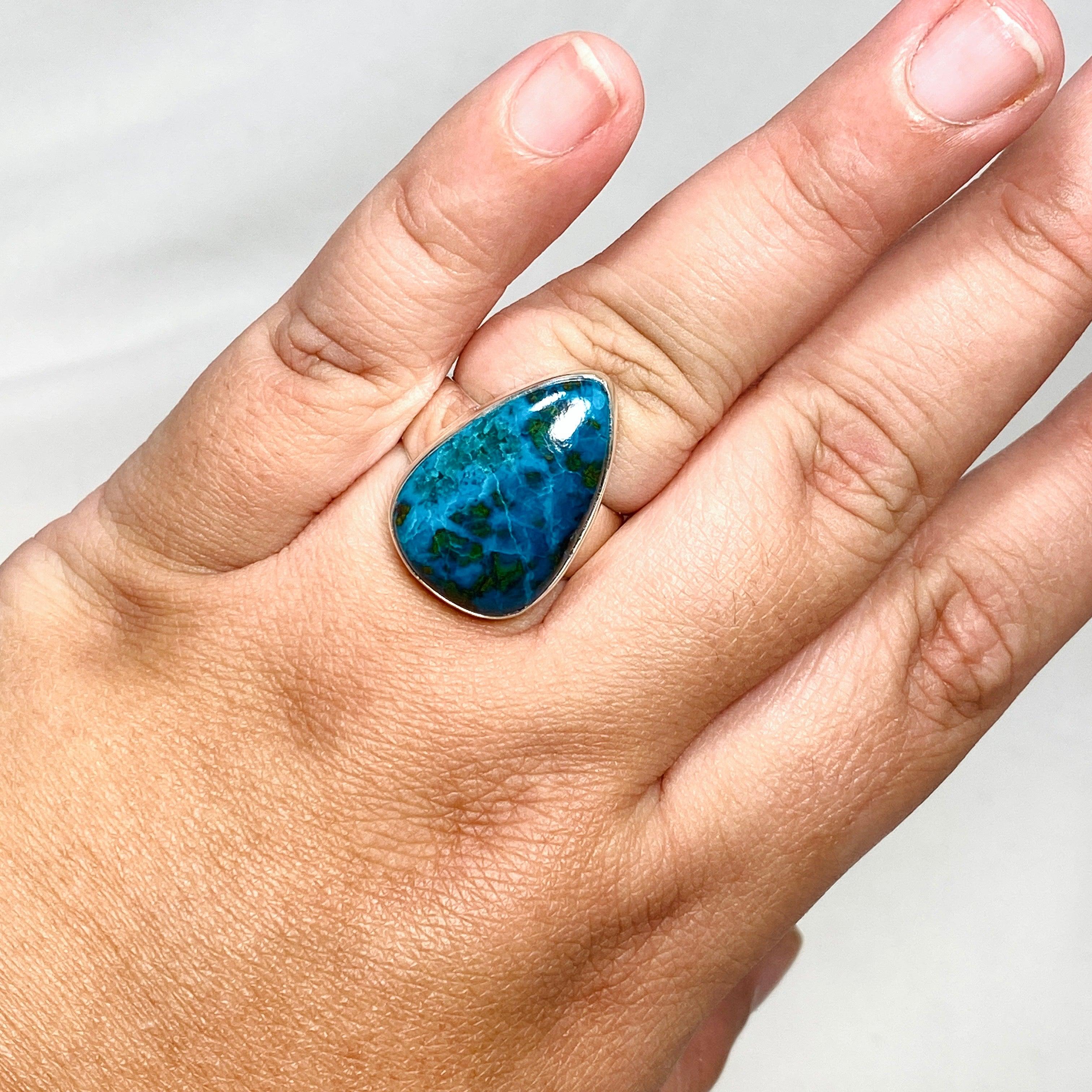 Shattuckite Dioptase Chrysocolla Teardrop Ring - Size 10 Natural Stone Jewelry KRGJ3224 | Healing Crystal Ring for Meditation & Spiritual Gifts