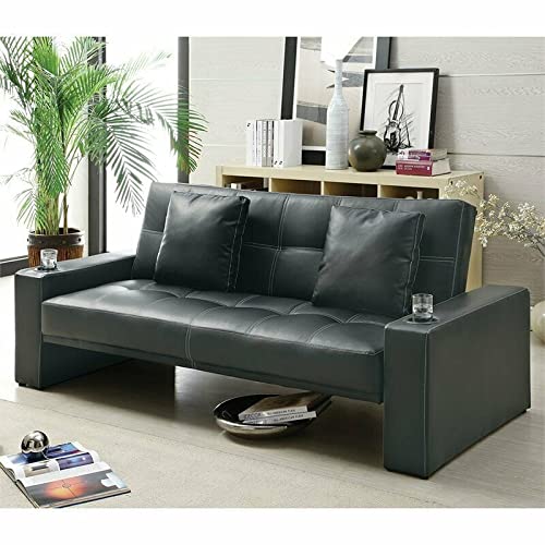 LCSA Black Faux Leather Sleeper Sectional Sofa with Cup Holders - Convertible Sofa Bed for Living Room, Home Theater & Small Spaces