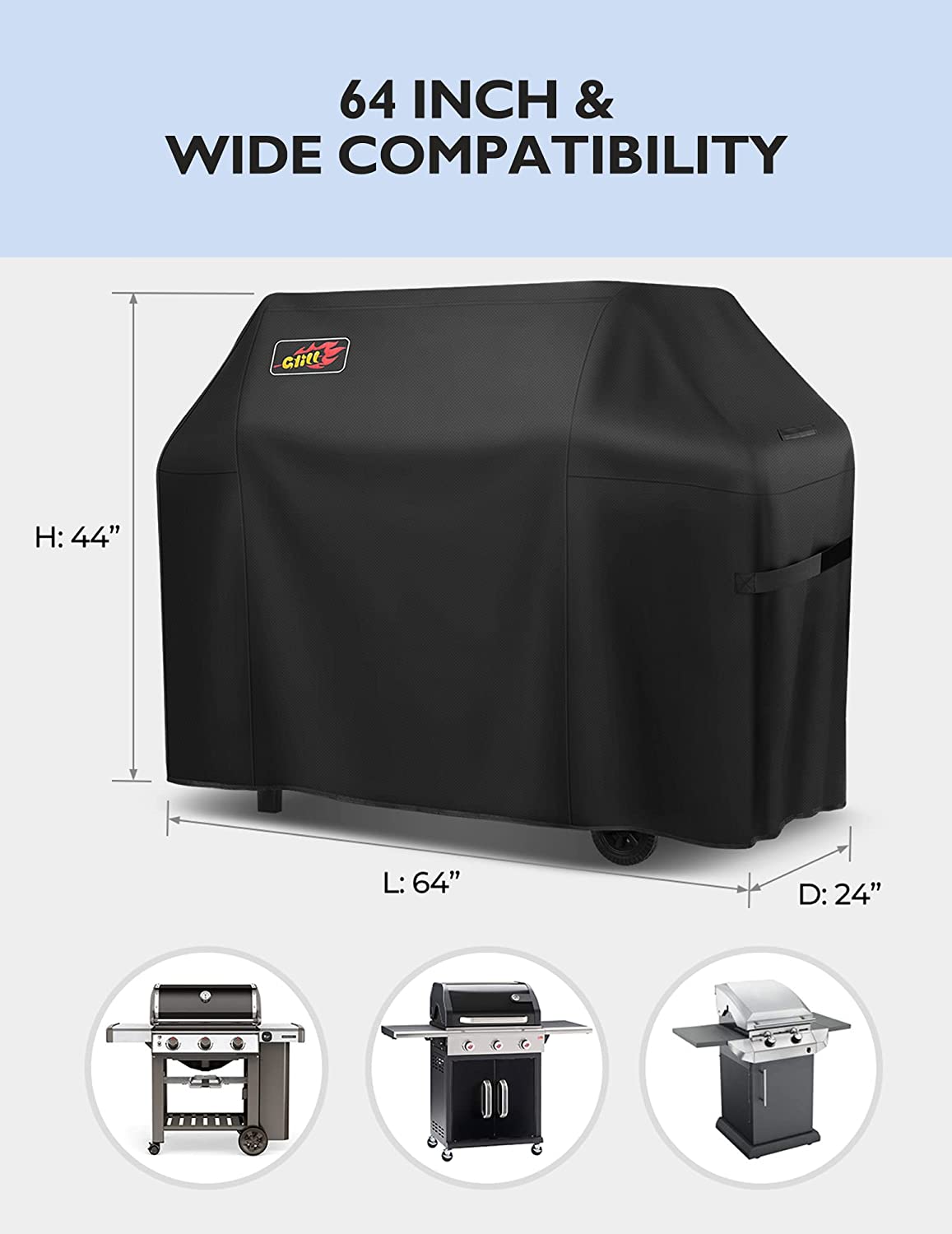 600D Heavy Duty Waterproof BBQ Grill Cover - 64 Inch Gas Grill Cover, Fade & Wind Resistant Barbecue Cover for Outdoor Cooking, Backyard Parties & Camping Trips