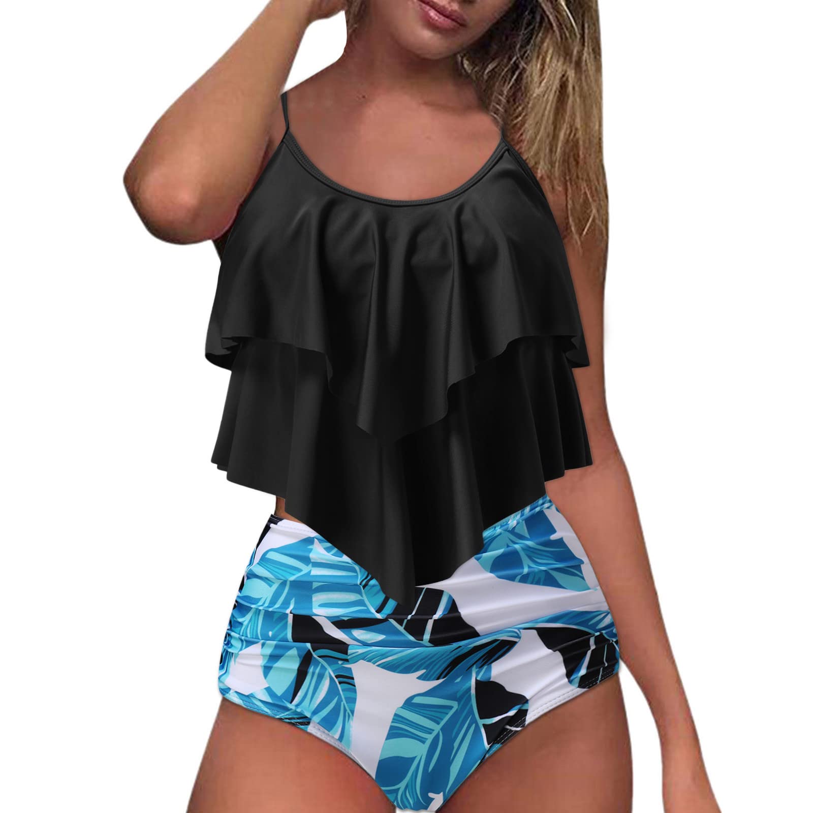 Women's Two Piece Tankini Swimsuit with Ruffled Top & High Waisted Bottom - Tummy Control Bathing Suit for Beach, Pool & Vacation | Plus Size Swimwear Options Available