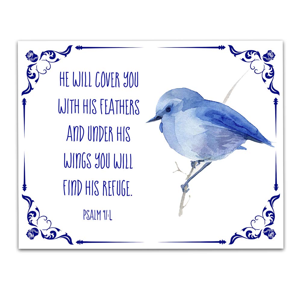 Psalm 91:4 Bible Verse Wall Print - 11x14 Watercolor Art - Inspirational Home Decor & Gift