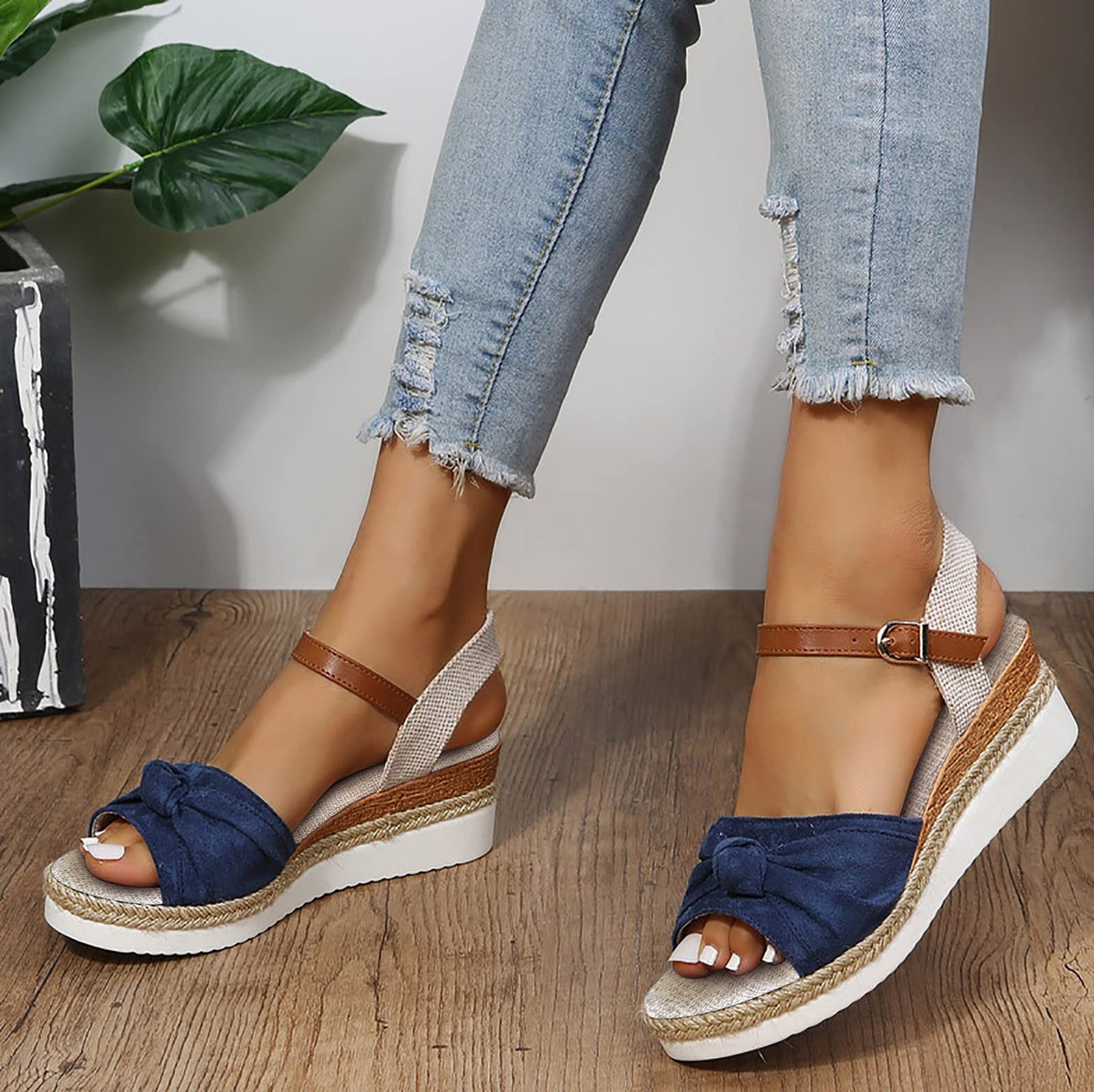 EMRELOD Women's Comfortable Orthopedic Wedge Sandals with Ankle Strap - Platform Espadrille Summer Beach Shoes for Casual Outings & Dressy Occasions (Blue, Size 9) | Perfect for Walking, Travel, and Outdoor Activities