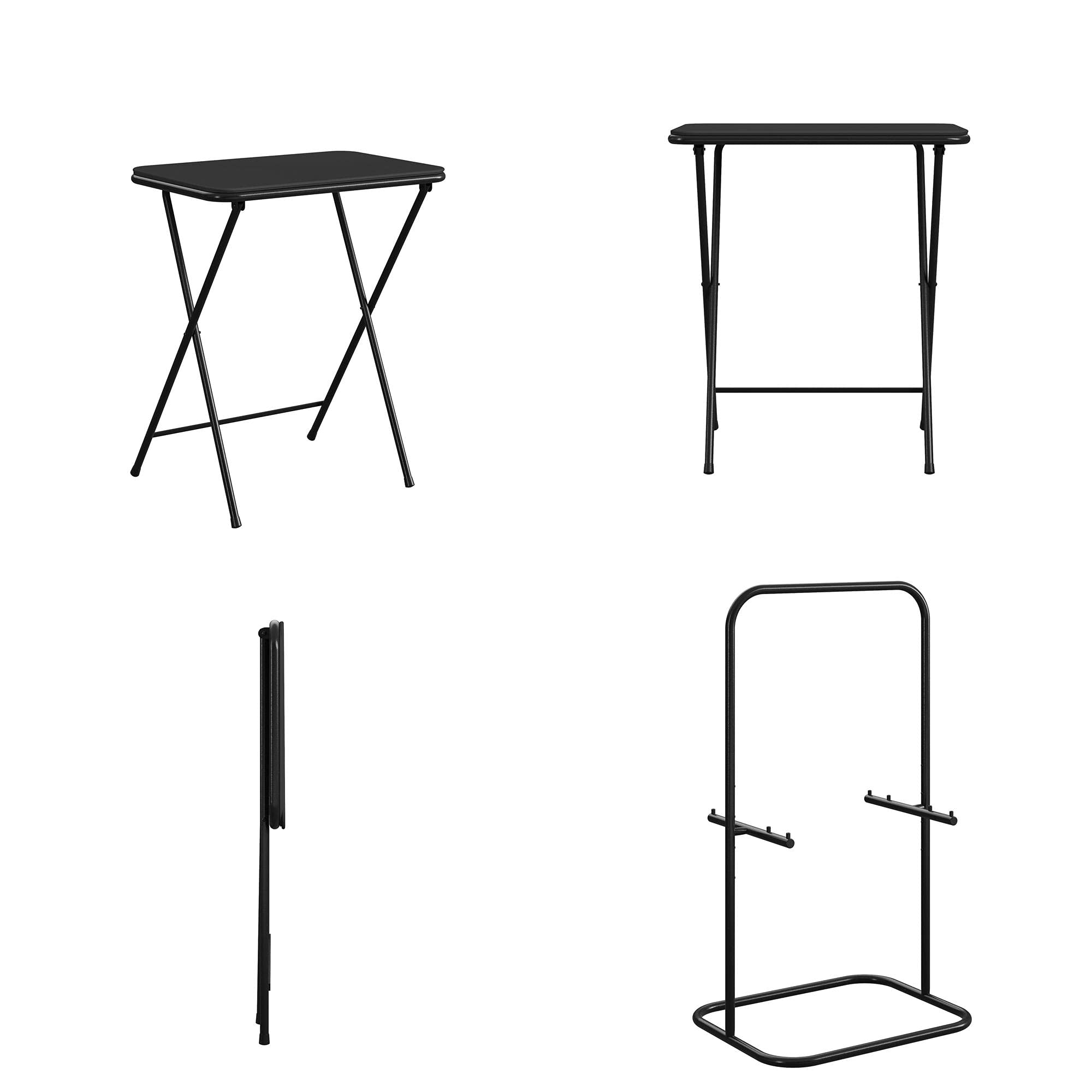 COSCO 5-Piece Folding TV Tray Set with Storage Rack - Black Portable Snack Table, Multi-Purpose Workstation for Home, Office & Dorm - Compact Activity Table for Eating, Working & Studying (1-Pack)