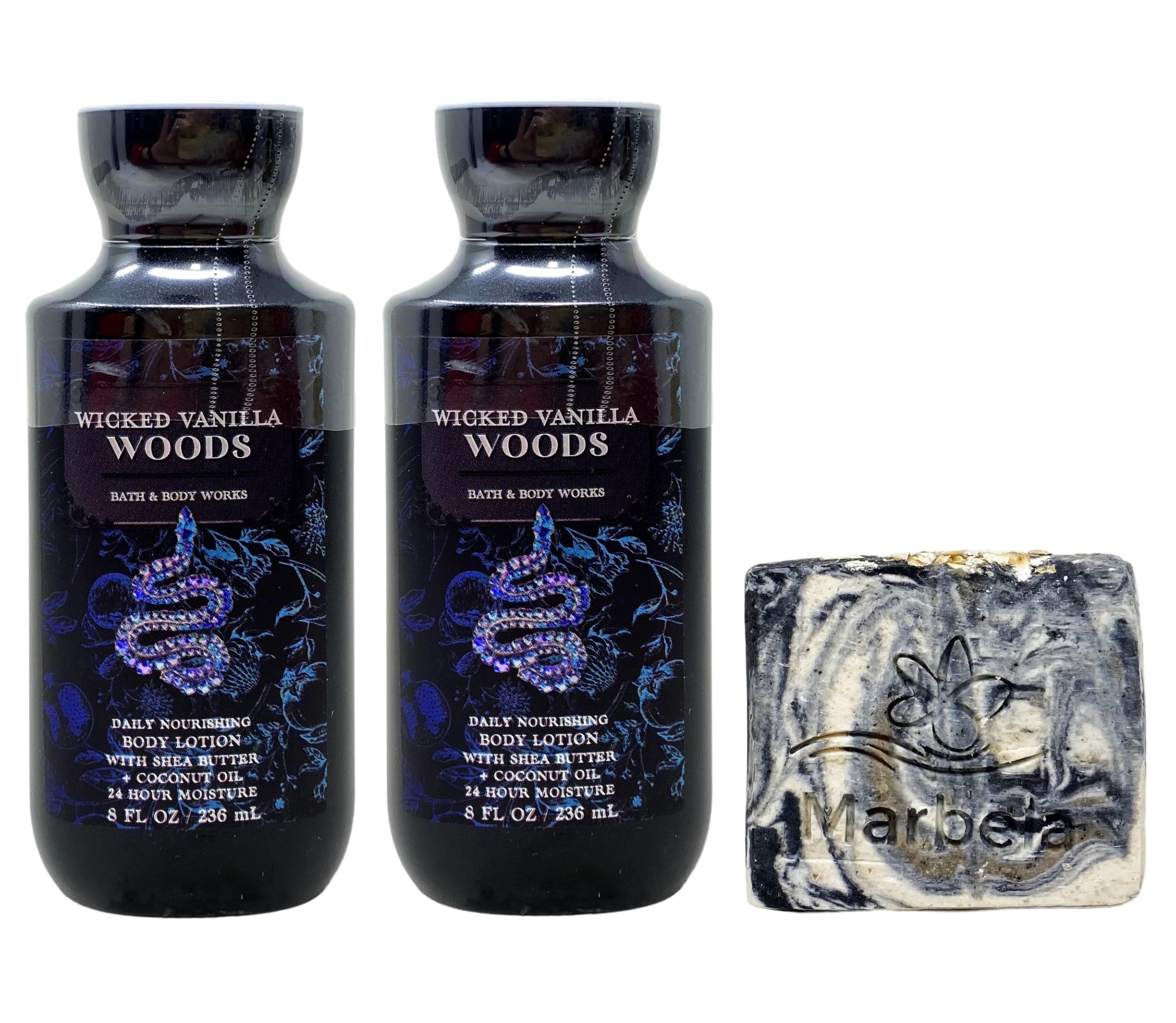 Bath & Body Works Wicked Vanilla Woods 2-Pack Moisturizing Body Lotion Set with Charcoal Exfoliating Bar Soap - Full Size Hydrating Skincare Gift Set for Women, Perfect for Daily Use & Spa Nights