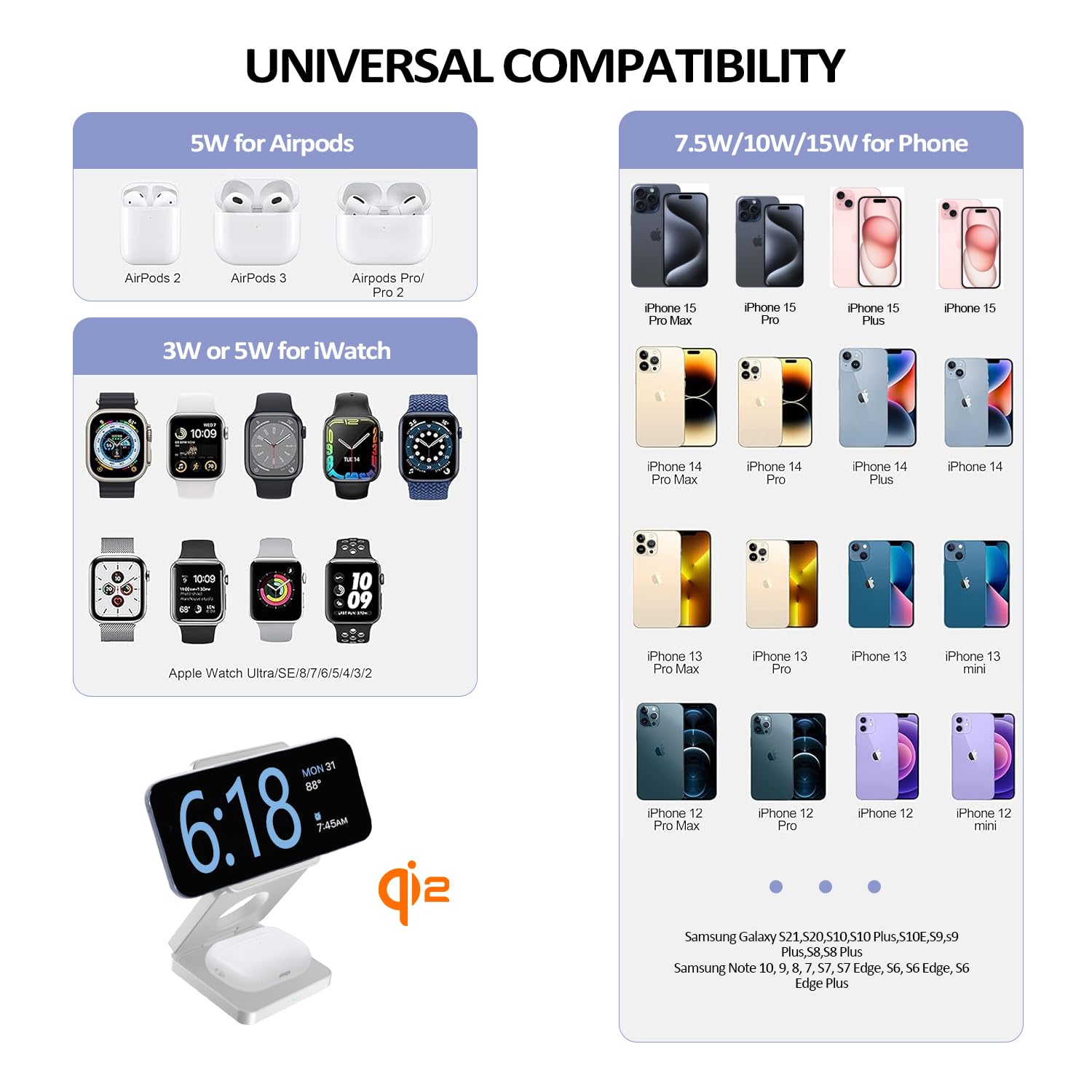 25W 3-in-1 Wireless Charging Station - Magsafe Compatible Fast Charger Dock for iPhone 14/13/12, Apple Watch & AirPods | Foldable Portable Stand with 5W Charging | Perfect for Home, Office & Travel (Silver)