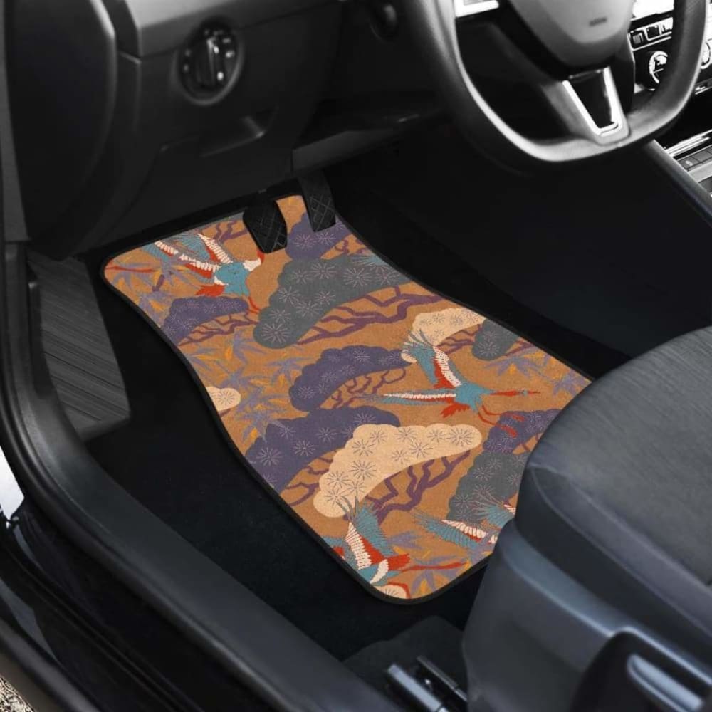 Premium Japanese Bonsai Bamboo Stork Pattern Car Mats - Brown Themed Front & Back Floor Mats for Cars (Model 094201) | Non-Slip, Durable & Stylish Interior Accessory for Sedans, SUVs & Trucks