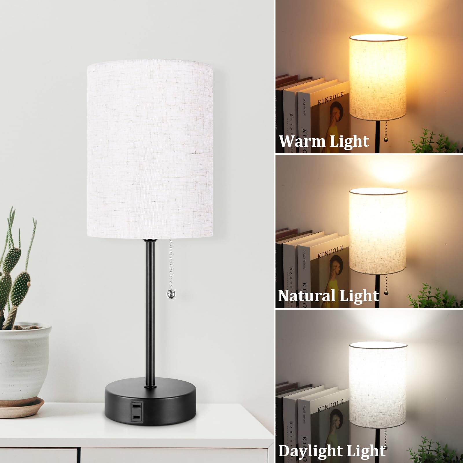 Dott Arts Set of 2 Modern Bedside Table Lamps with 3 Color Temperature Modes (2700K-5000K) & Built-in AC Outlet - Nightstand Lamps for Bedroom, Living Room, Office & Reading Nook - Perfect for Relaxation, Reading & Ambient Lighting