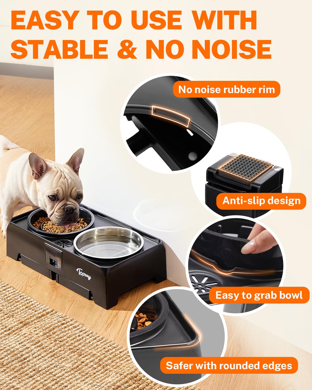 Toozey Elevated Dog Bowls Set - 2 Large 68oz Stainless Steel Bowls & 1 Slow Feeder - Adjustable Height (4 Levels) for Large, Medium & Small Dogs - Spill-Proof Design with Water Collection Tray - Perfect for Mealtime, Digestion & Mess-Free Feeding (Black)