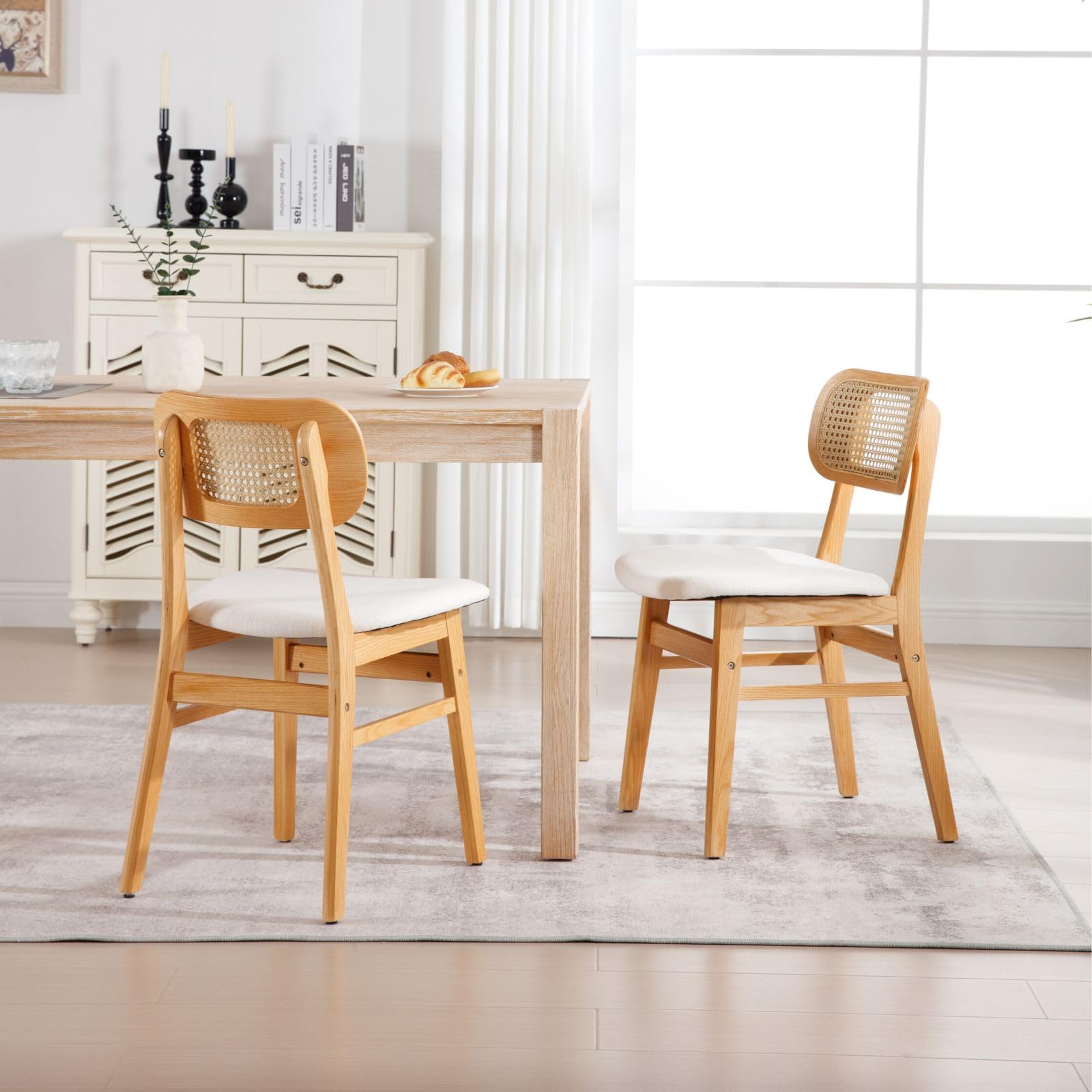 2 Pack Rattan Dining Chairs - Beige Linen Upholstered Farmhouse Kitchen Chairs with Natural Wood Frame | Boho Style Side Chairs for Dining Room, Breakfast Nook & Outdoor Patio