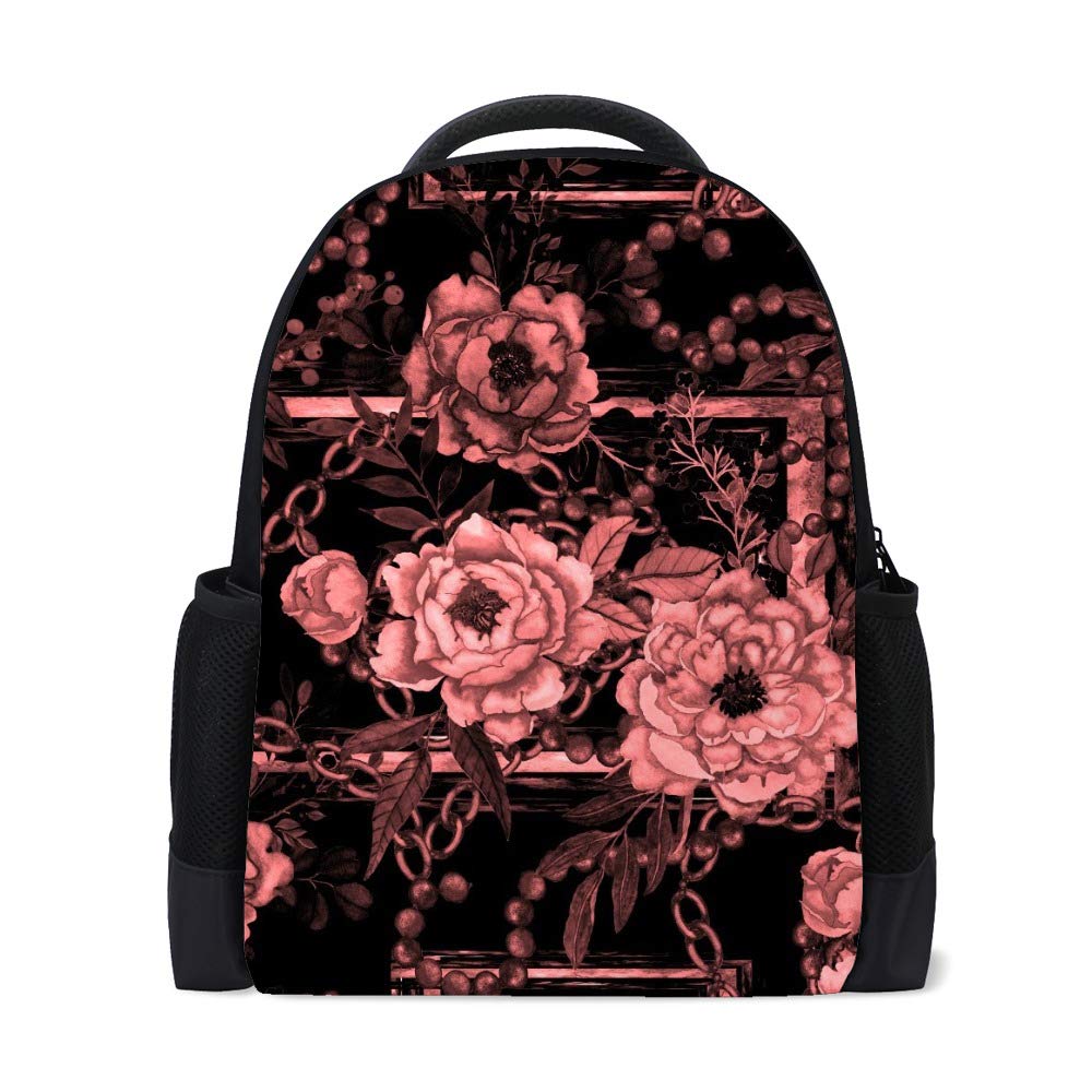 Kuizee Vintage Floral Black Backpack - 16 Inch Goth Flowers Iron Frame Chain Book Bag for College, School & Travel | Durable Daypack & Rucksack for Daily Use, Casual Outfits & Urban Adventures