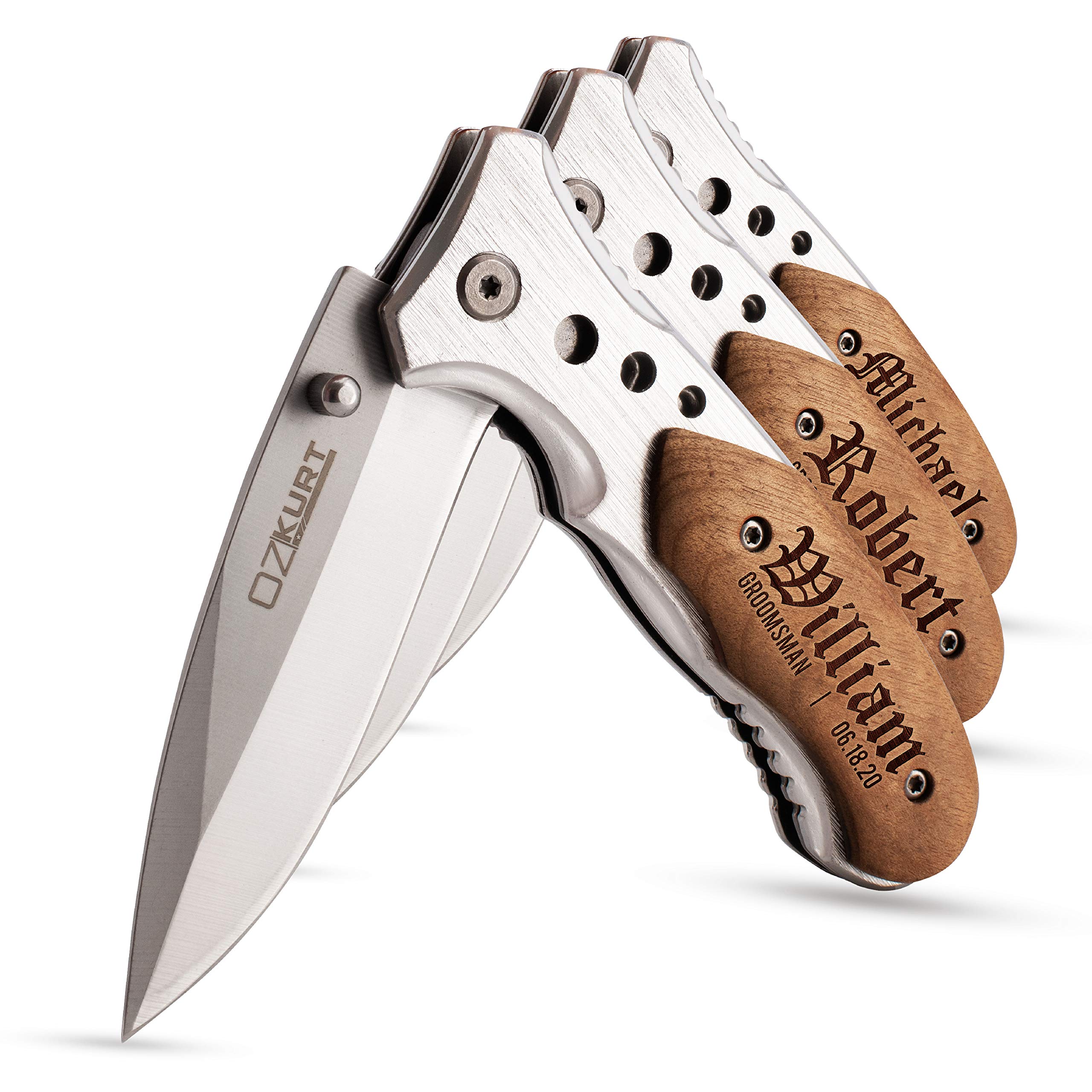 Personalized Engraved Pocket Knife Set for Men - 3 Tactical Assisted Opening Knives with Clip | EDC Gift for Dad, Boyfriend, Groomsmen | Anniversary, Wedding, Birthday Present | Perfect for Outdoor Adventures, Camping & Everyday Carry