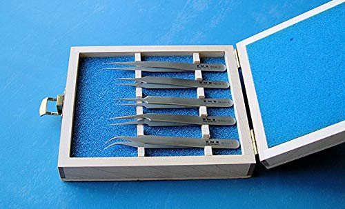 Professional High Precision Tweezer Set (Styles 3/4/5/5A/7) in Wooden Case - Ideal for Electronics Repair, Jewelry Making & Model Building