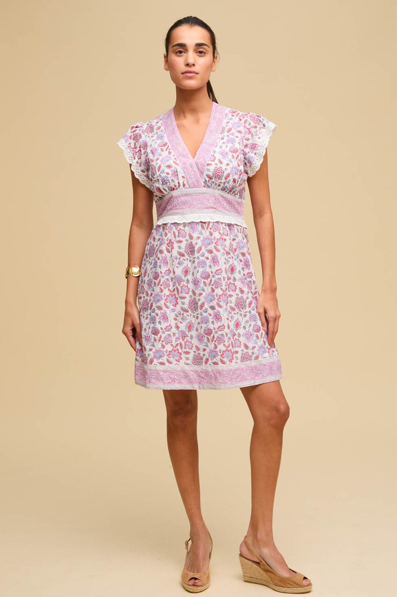 Pippa Block Print Mini Dress - Floral Summer Dress for Women | White & Pink | Perfect for Beach, Vacation & Casual Outings