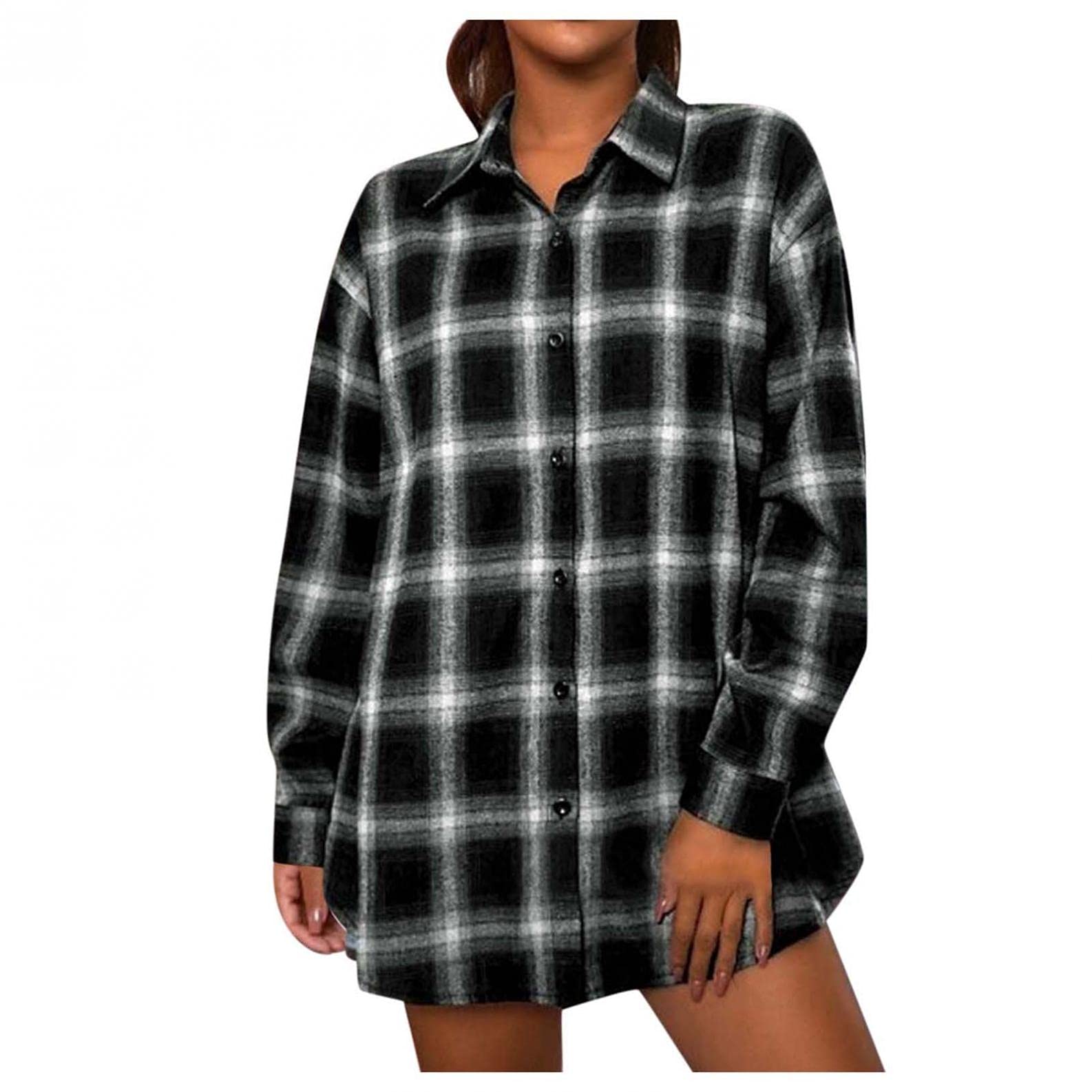Changeshopping Women's Autumn Fashion Plaid Printed Flannel Shirt - Long Sleeve Plush T-Shirt Top & Light Jacket for Fall Outfits | Cozy Layering for Work, Dating & Casual Wear