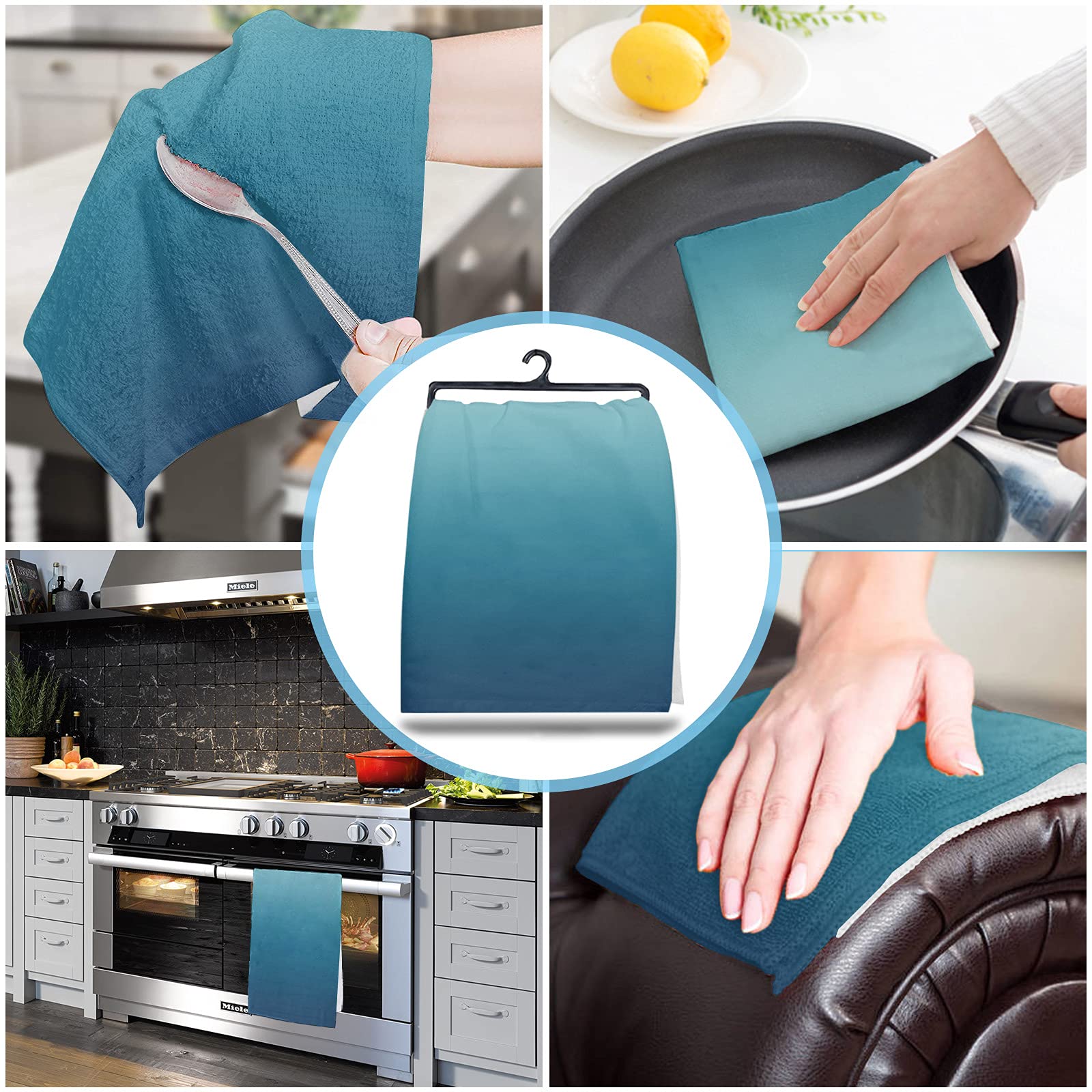 Premium 4-Pack Super Absorbent Microfiber Kitchen Dish Towels - Soft Blue Gradient Cleaning Cloths for Dishes, Hands & Surfaces | Ideal for Kitchen, Bathroom, Bar & Restaurant Use