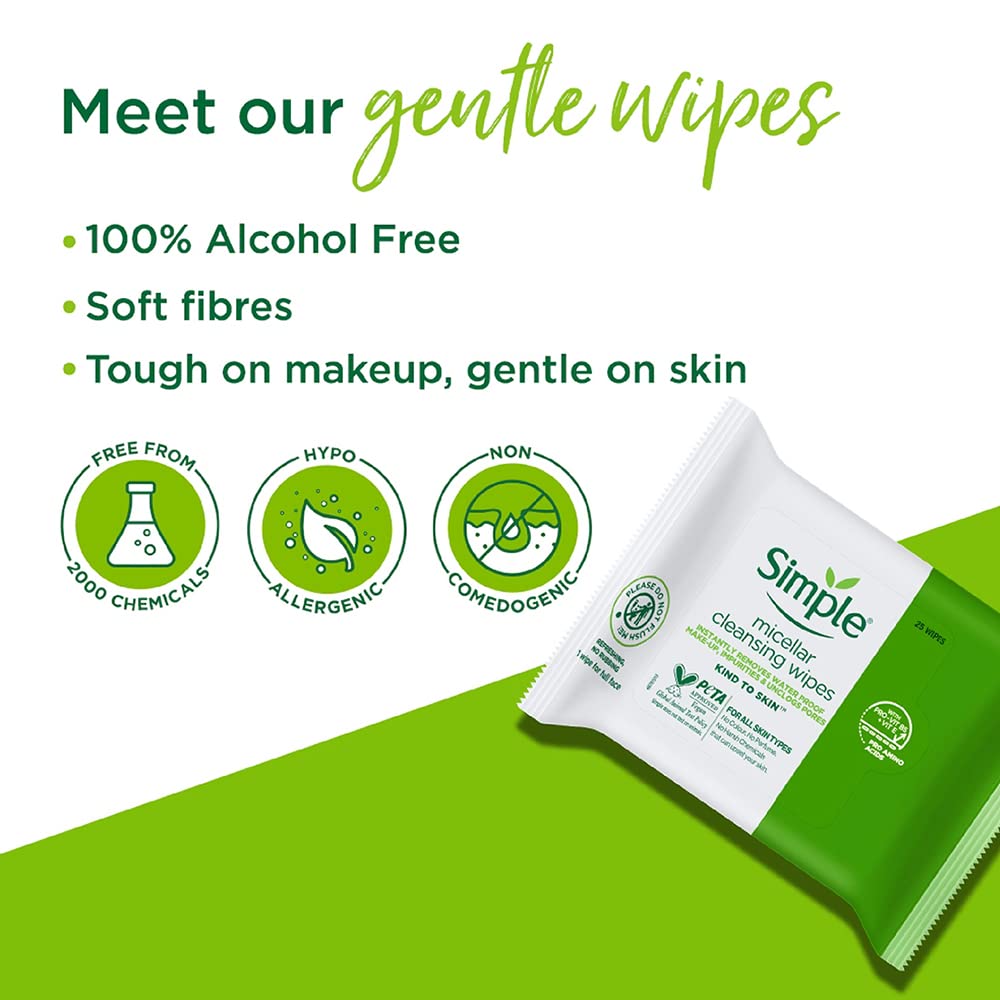 Simple Kind To Skin Micellar Cleansing Wipes - 25 Count | Gentle Makeup Remover Wipes for Waterproof Makeup, Deep Cleansing & Pore Unclogging | Soft Facial Wipes with Multivitamins & Hydrating Formula | Perfect for Travel, Gym & Daily Skincare Routine